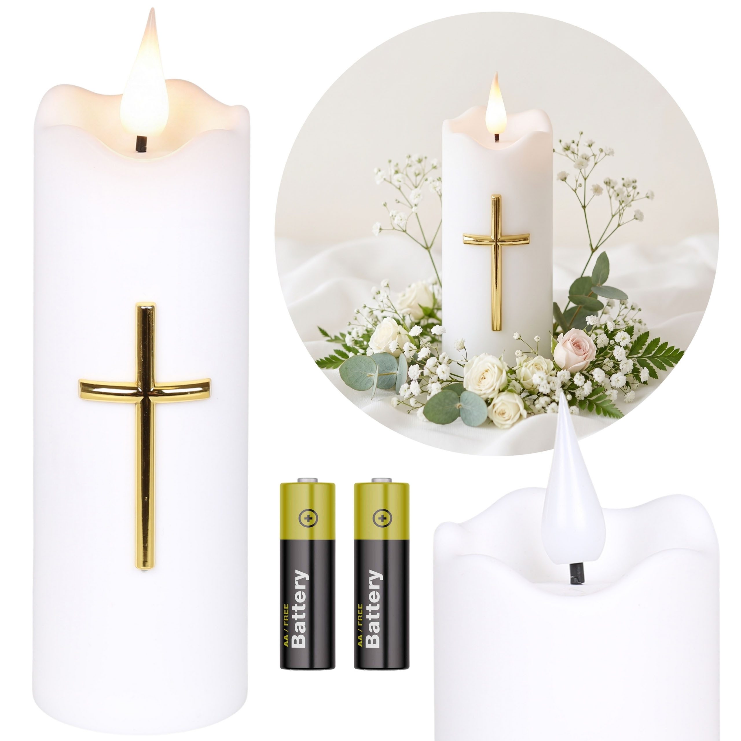 Sarcia.eu LED-Kerze Weiße LED-Kerze mit Kreuz, Flammeneffekt, batteriebetrieben, 15,5 cm