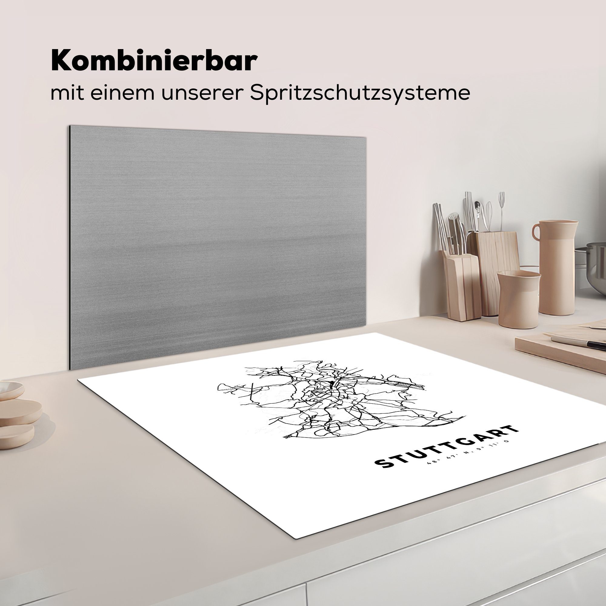 küche weiß Vinyl, Ceranfeldabdeckung, Deutschland und Arbeitsplatte - Karte, tlg), (1 - Stuttgart MuchoWow cm, 78x78 Schwarz für Stadtplan - Herdblende-/Abdeckplatte -