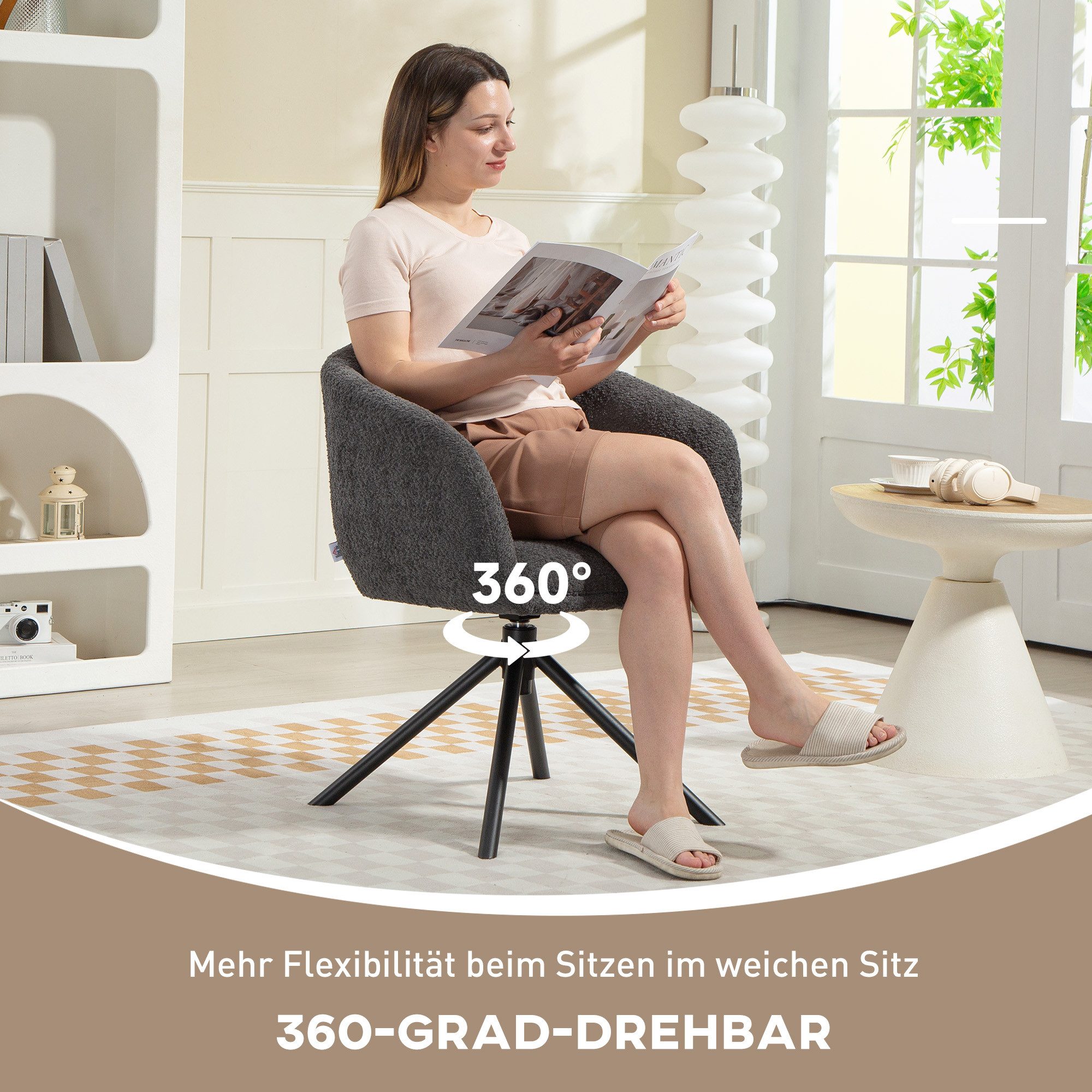 HOMCOM Relaxsessel Sessel Loungesessel mit Metallbeine Lesesessel mit Chenille-Optik (Polsterstuhl mit bequemer Sitzschale, 1-St., Drehbarer Akzentstuhl), kusch – Bild 4 von 5