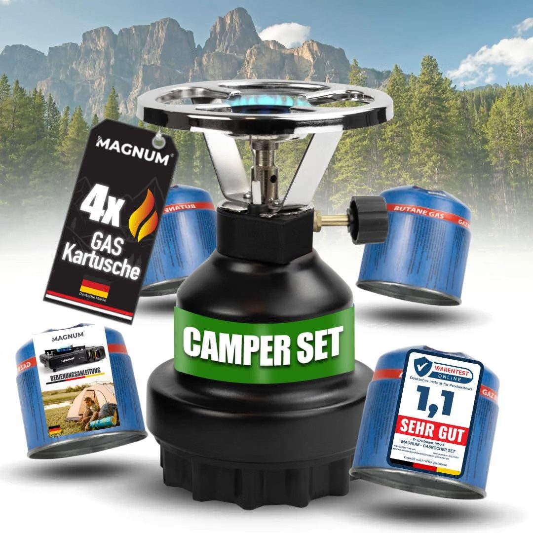 Magnum Wave Gaskocher Camping [0,8 kW] Campingkocher inkl. 4 Gaskartuschen, (Spar-Set), Schwarz, 62 g/h Gasverbrauch, für Camping, Notfall
