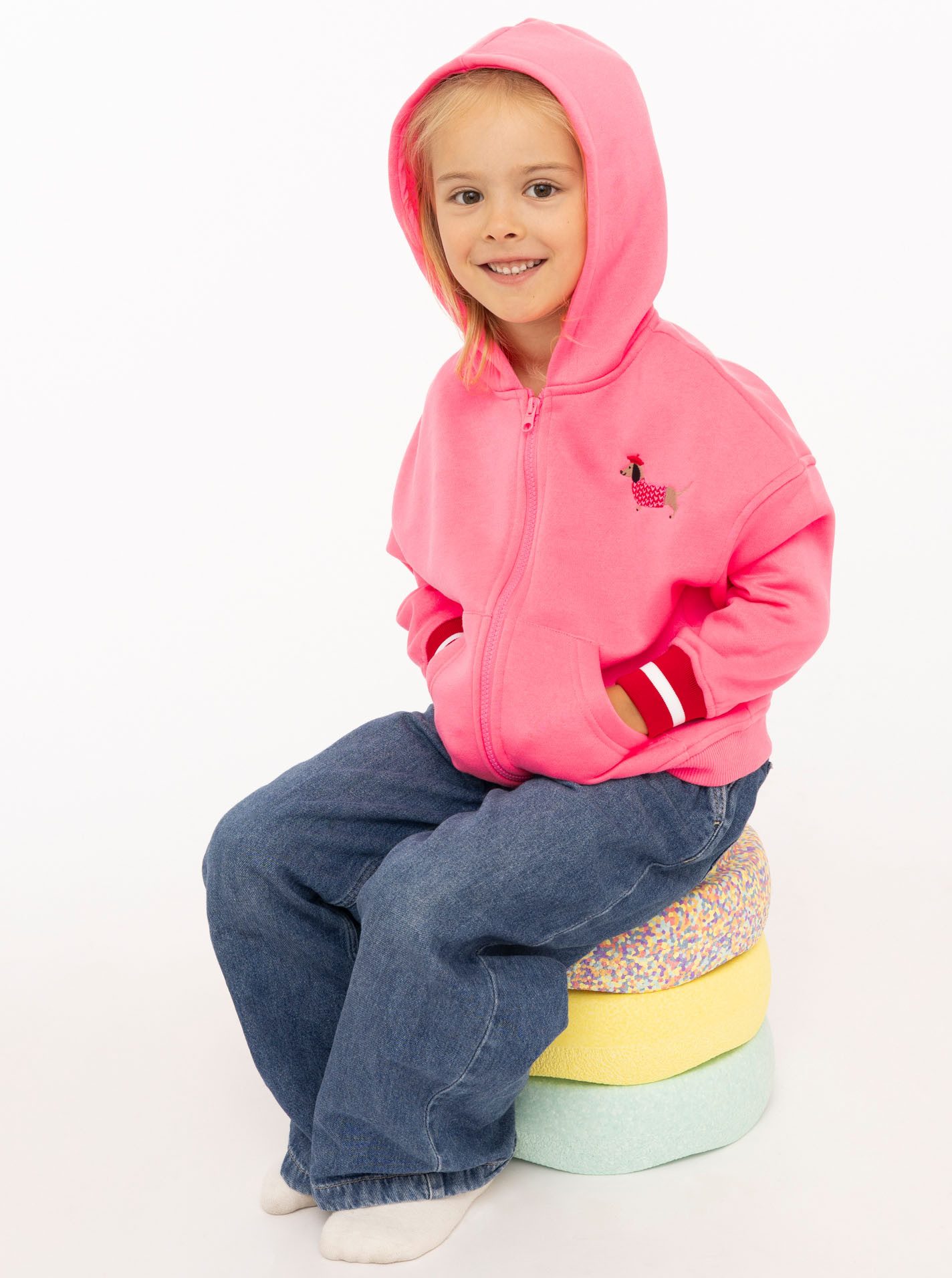 Zwillingsherz Kapuzensweatjacke "Très Bien" Mini Me, süßes Dackelmotiv, gestreifte Ärmelbündchen, Kapuze, Zipper