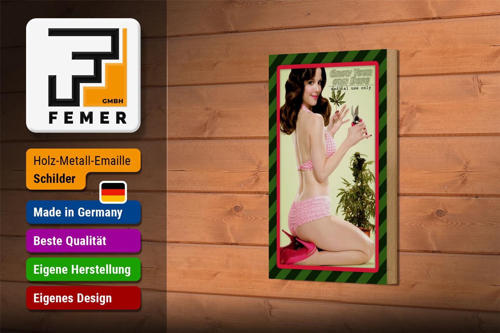 Femer GmbH Holzbild Cannabis 12x18 cm grow your own dope Pinup, Nostalgie Retro Altes (1 St), Glatte Holzfaserplatte (MDF), vorn beschichtet