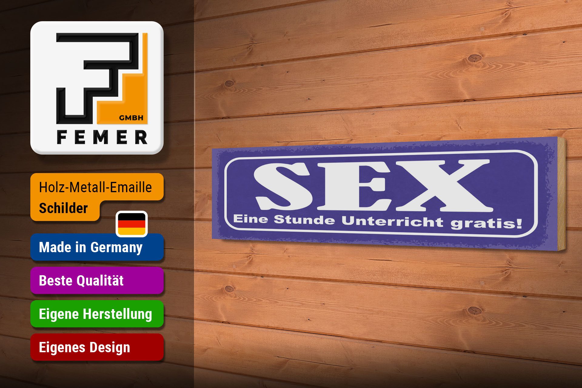 Femer GmbH Holzbild Spruch 46x10 cm Sex Eine Stunde Unterricht gratis, (1 St), Glatte Holzfaserplatte (MDF), vorn beschichtet