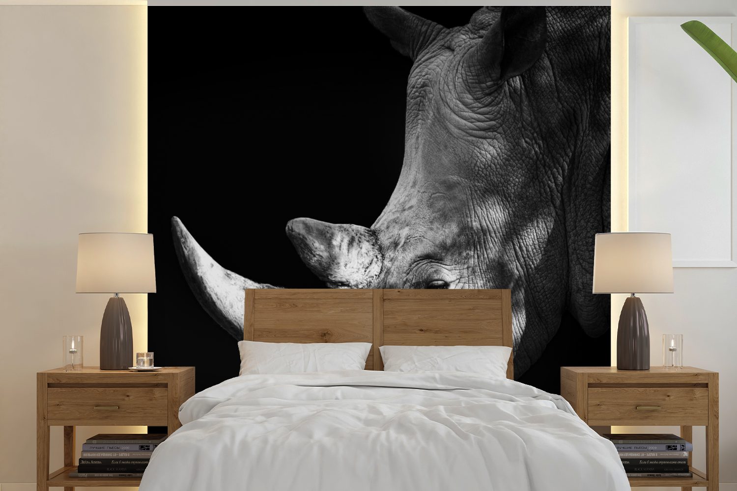 - Matt, Wohnzimmer Schwarz MuchoWow oder Vinyl Rhinozeros für Tapete St), (5 - Schlafzimmer, Horn bedruckt, Wandtapete Weiß, - Fototapete