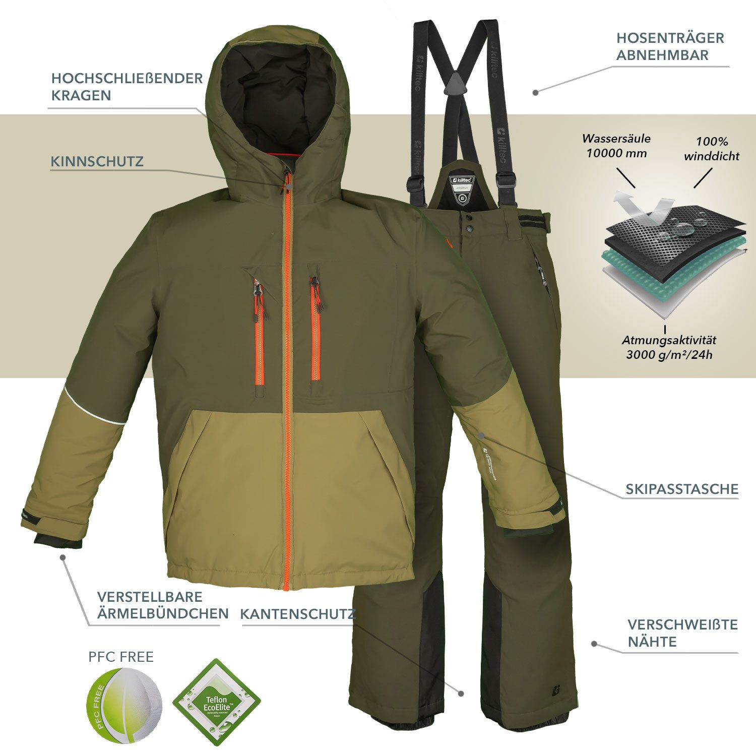 Killtec Skianzug Jungen Winterjacke + Skihose olivgrün, verschweißte Nähte