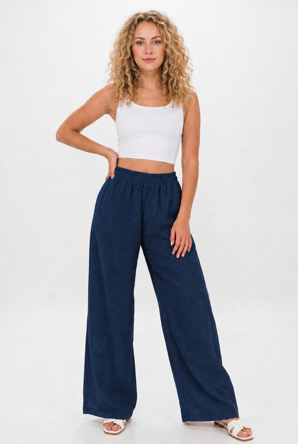 Kendindza Collection Leinenhose Sommerhose Damen leicht Locker weite Leinenhose Sommer Hose lang 100% Leinen, elastischer Gummibund, weites Bein Palazzo-Schnitt