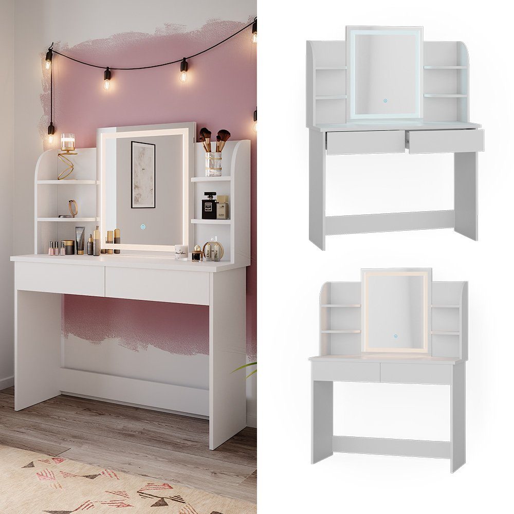 Vicco Schminktisch Charlotte, Weiß, 108 cm mit LED-Spiegel günstig online kaufen