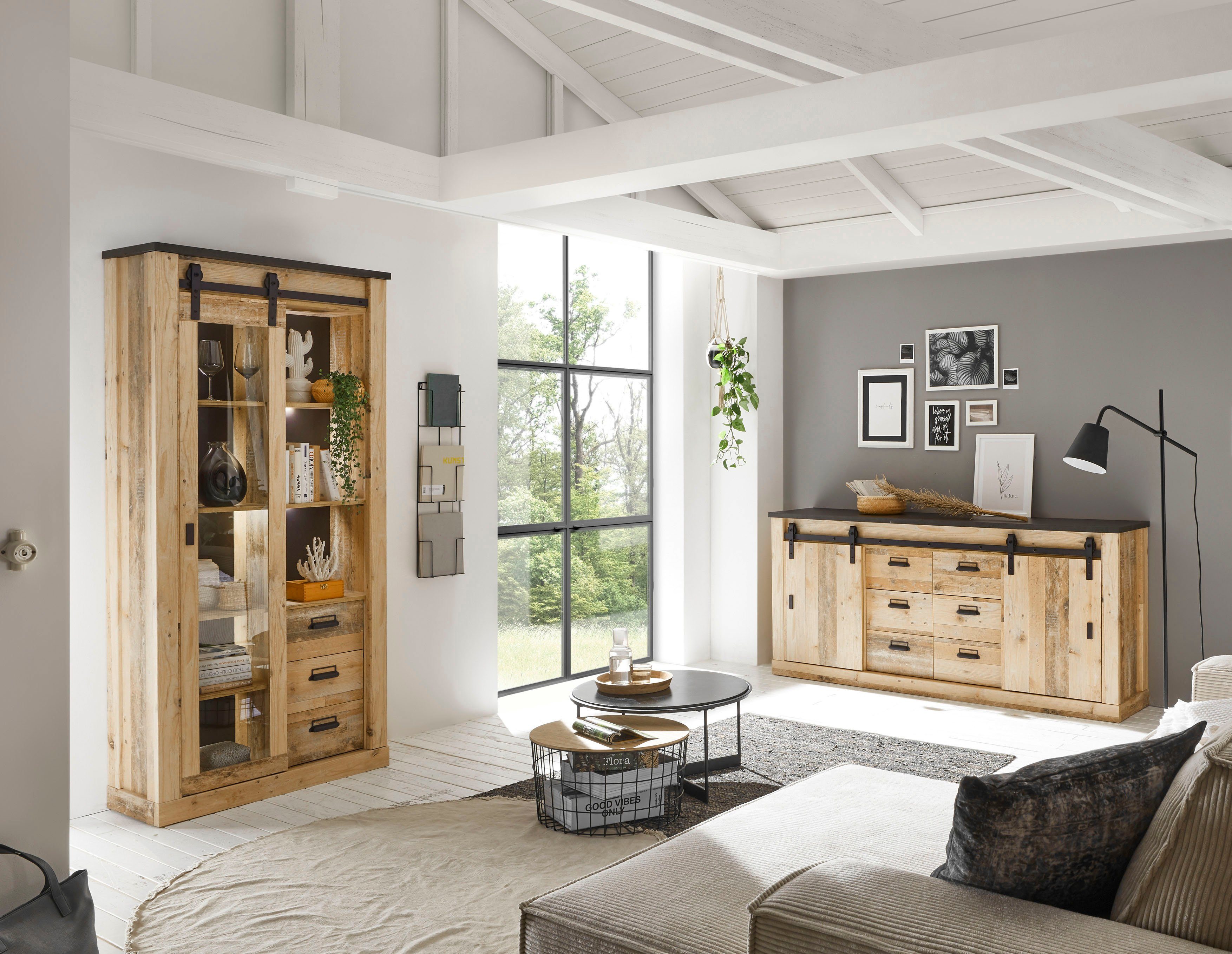 Home affaire Wohnwand SHERWOOD, (2-St), Scheunentorbeschlag und Apothekergriffe aus Metall, Höhe 201 cm