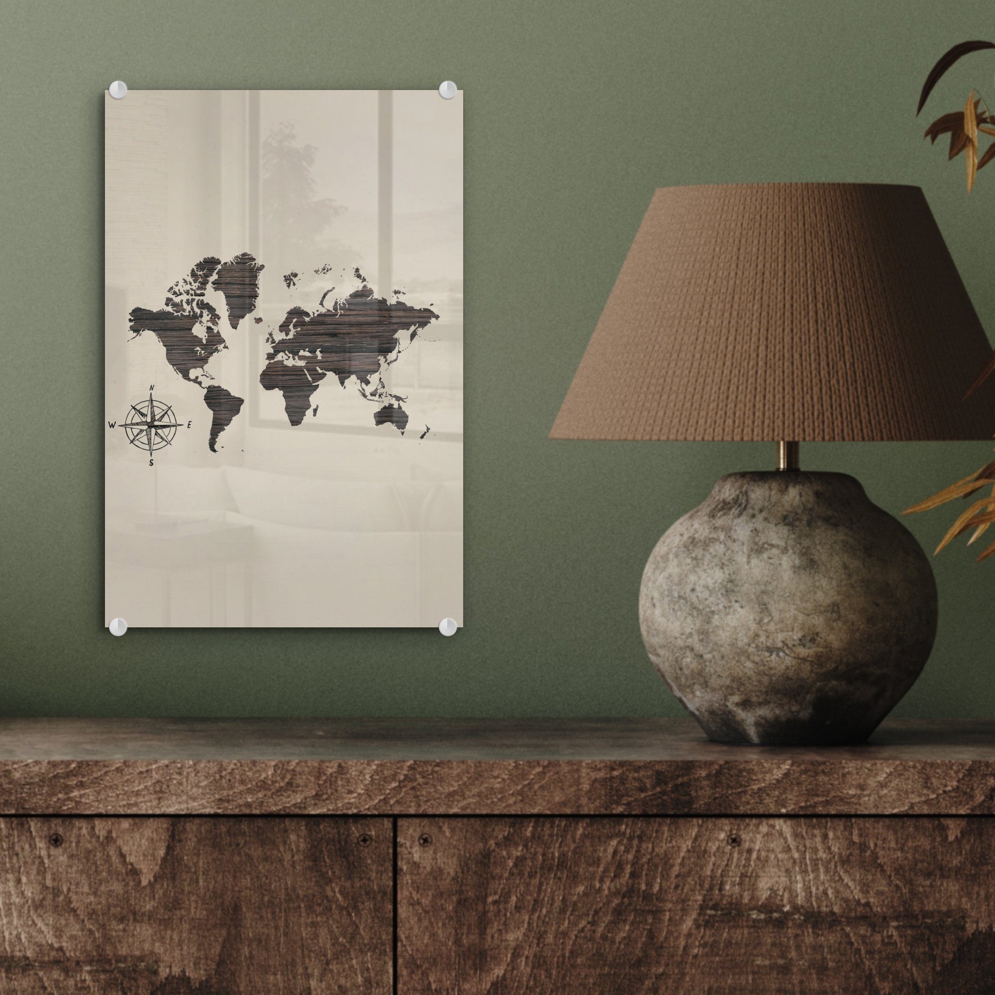 MuchoWow Acrylglasbild Weltkarte - Holz Glas (1 Glas auf auf Kompass, Bilder - Glasbilder Wanddekoration Foto Wandbild - - - St)