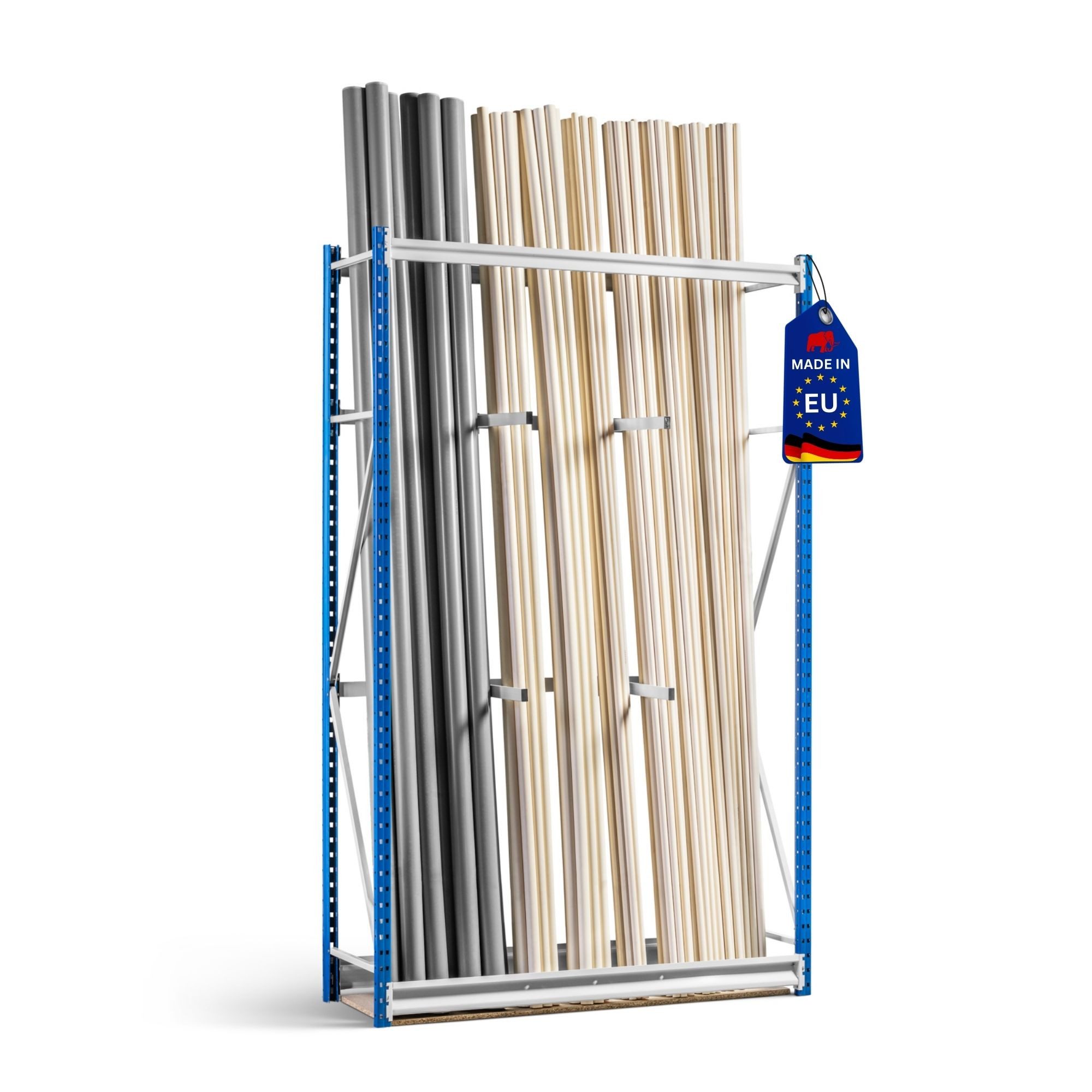 PROREGAL® Schwerlastregal Vertikalregal MAXIMUS HxBxT 240x150-175x50cm 3 Ablagezonen Blau/Grau