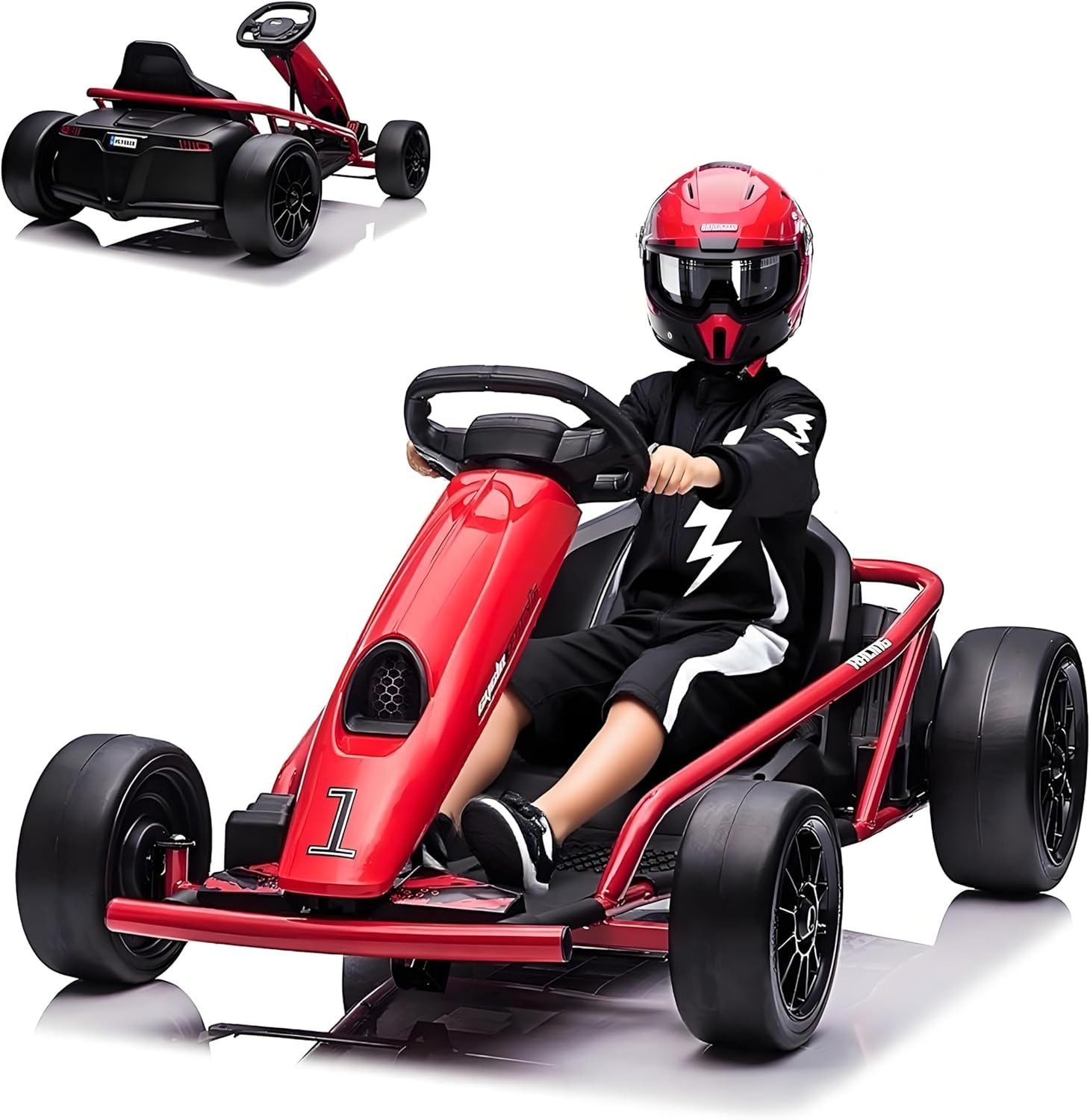 GarveeMore Elektro-Kinderquad Leistungsstarkes Drift Go-Kart Mit Musikfunktion, Sicherheitsgurt, Belastbarkeit 70 kg, (1-tlg), für Kinder 8-12 Jahre – 24V, 2x300W Motoren, Outdoor Elektrofahrzeug