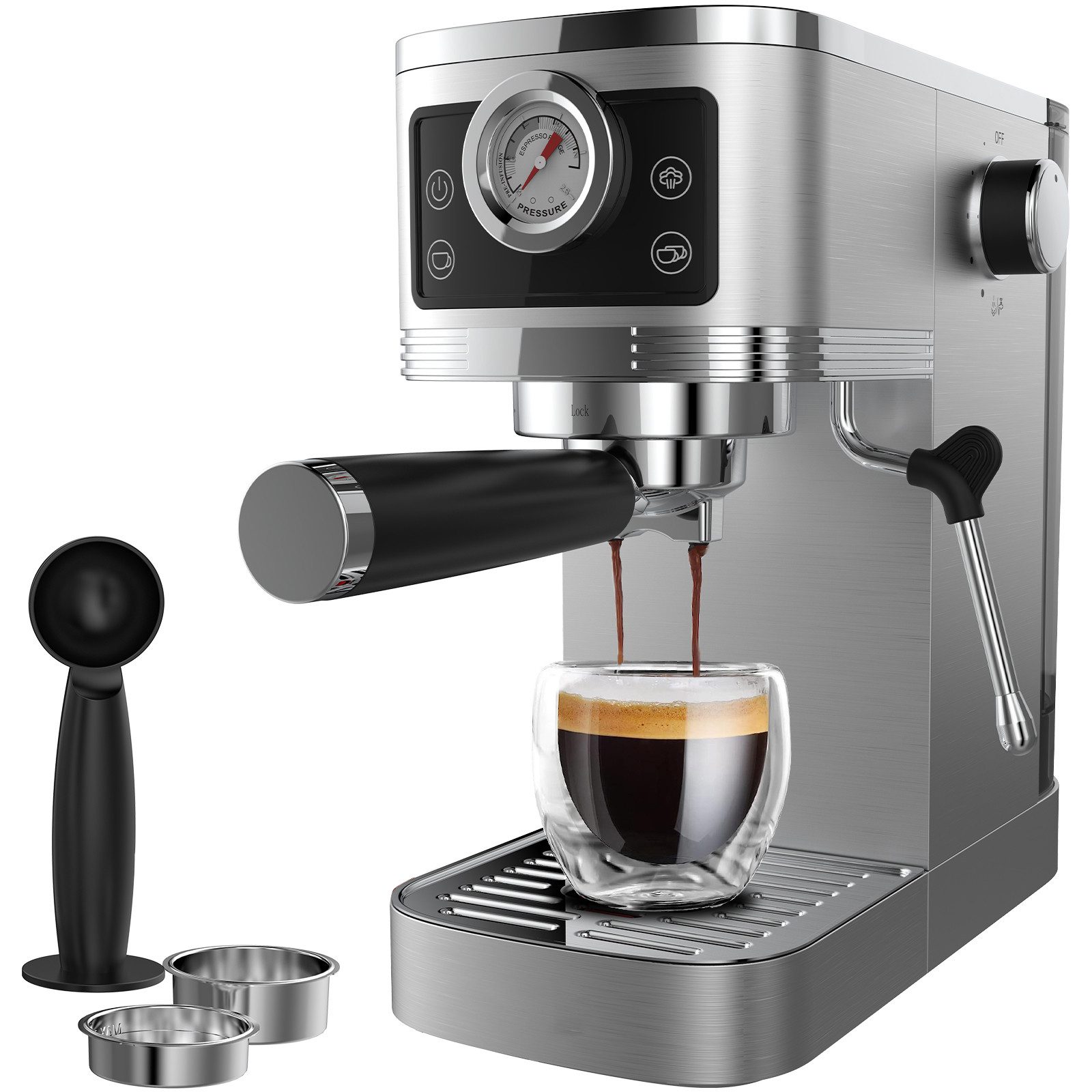 AIMAX Espressomaschine CM1660B Halbautomatische Siebträgermaschine, 10mm Milchschaumdüse, 20 Bar, Filter aus Edelstahl 51mm, Edelstahlgehäuse, Touchscreen, Cappuccino & Latte Macchiato Genuss