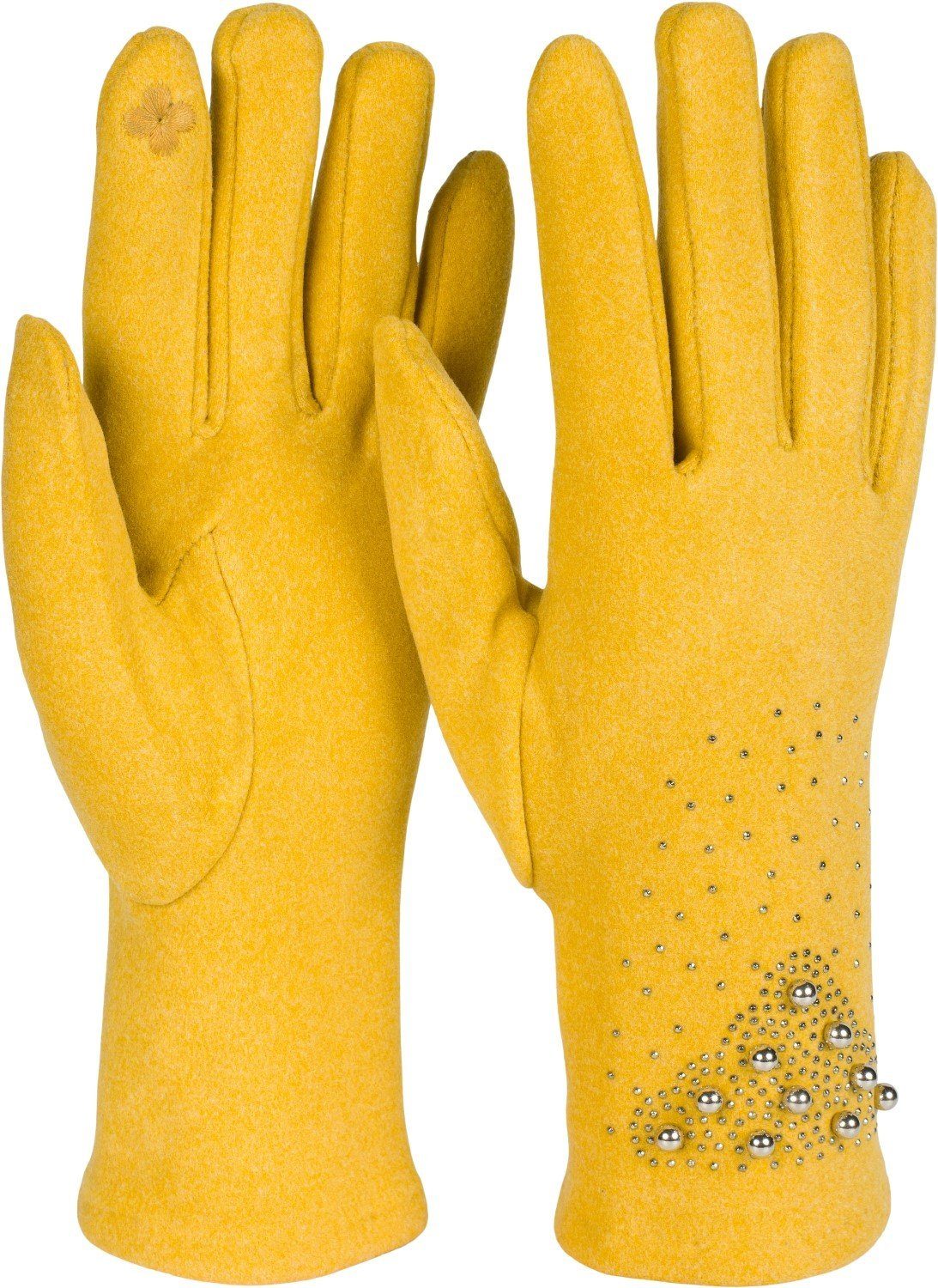 styleBREAKER Fleecehandschuhe Touchscreen Handschuhe mit Strass und Perlen Senf