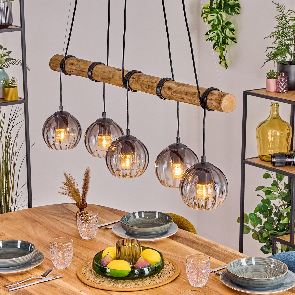 Pendelleuchte Hängelampe aus Metall/Holz/Riffelglas in Schwarz/Natur/Rauch/Klar