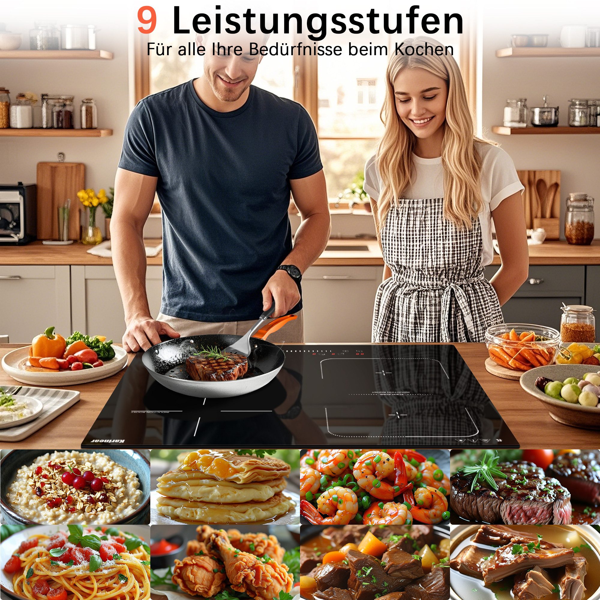 Karinear Induktions-Kochfeld 4-Zonen, Flexzone, Boost, Timer, 60 cm,7200W