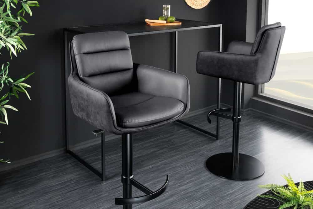 LebensWohnArt Stuhl Echtleder Barstuhl CHARLES schwarz höhenverstellbar drehbar Armlehnen