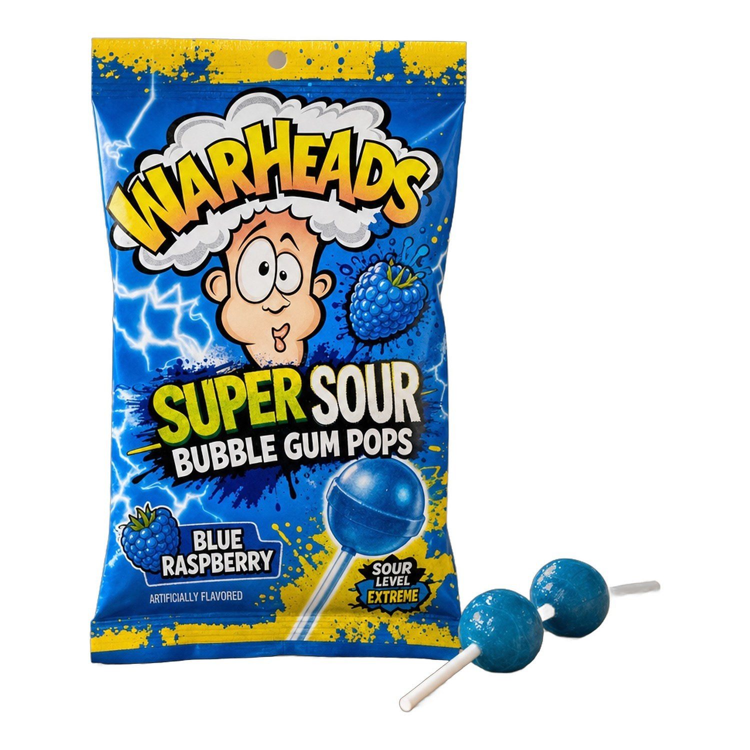 Warheads Süßigkeit, 4 x 105 g, Super Sour Bubble Gum Pops Blue Raspberry