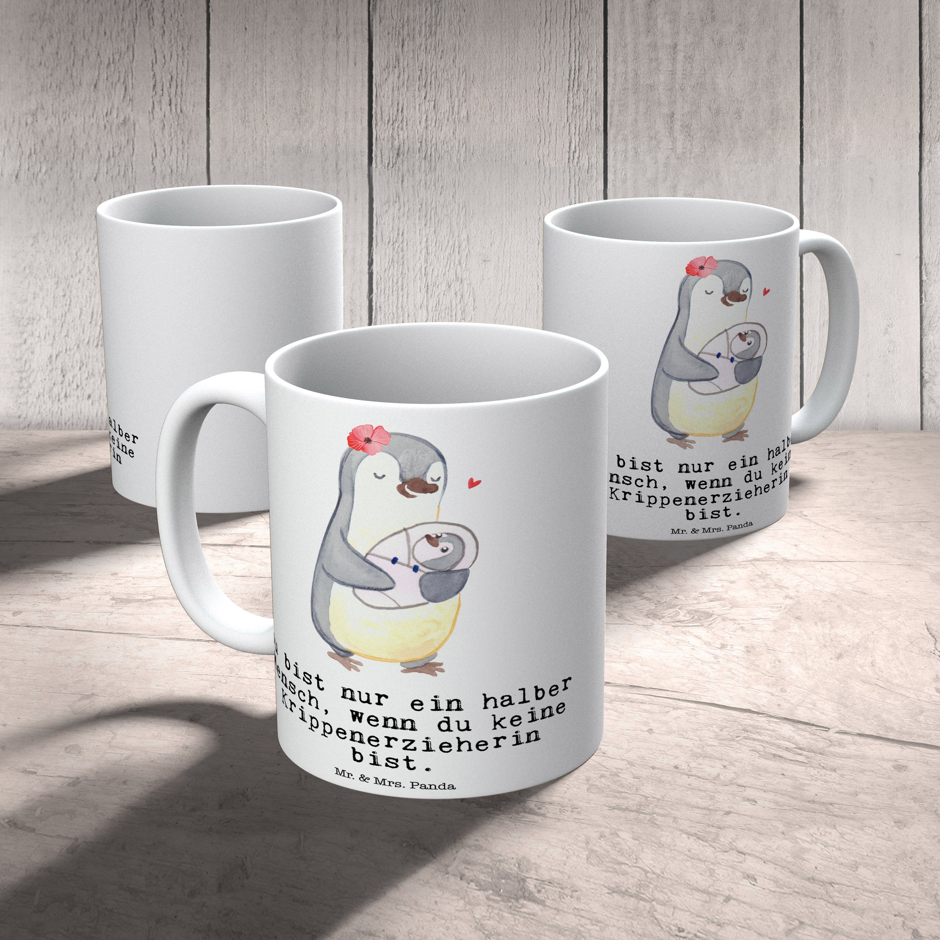 Mr. & Herz Keramik Geschenk, Krippenerzieherin - Panda Mrs. mit Dankeschön, Tasse, Tasse Büro - Weiß