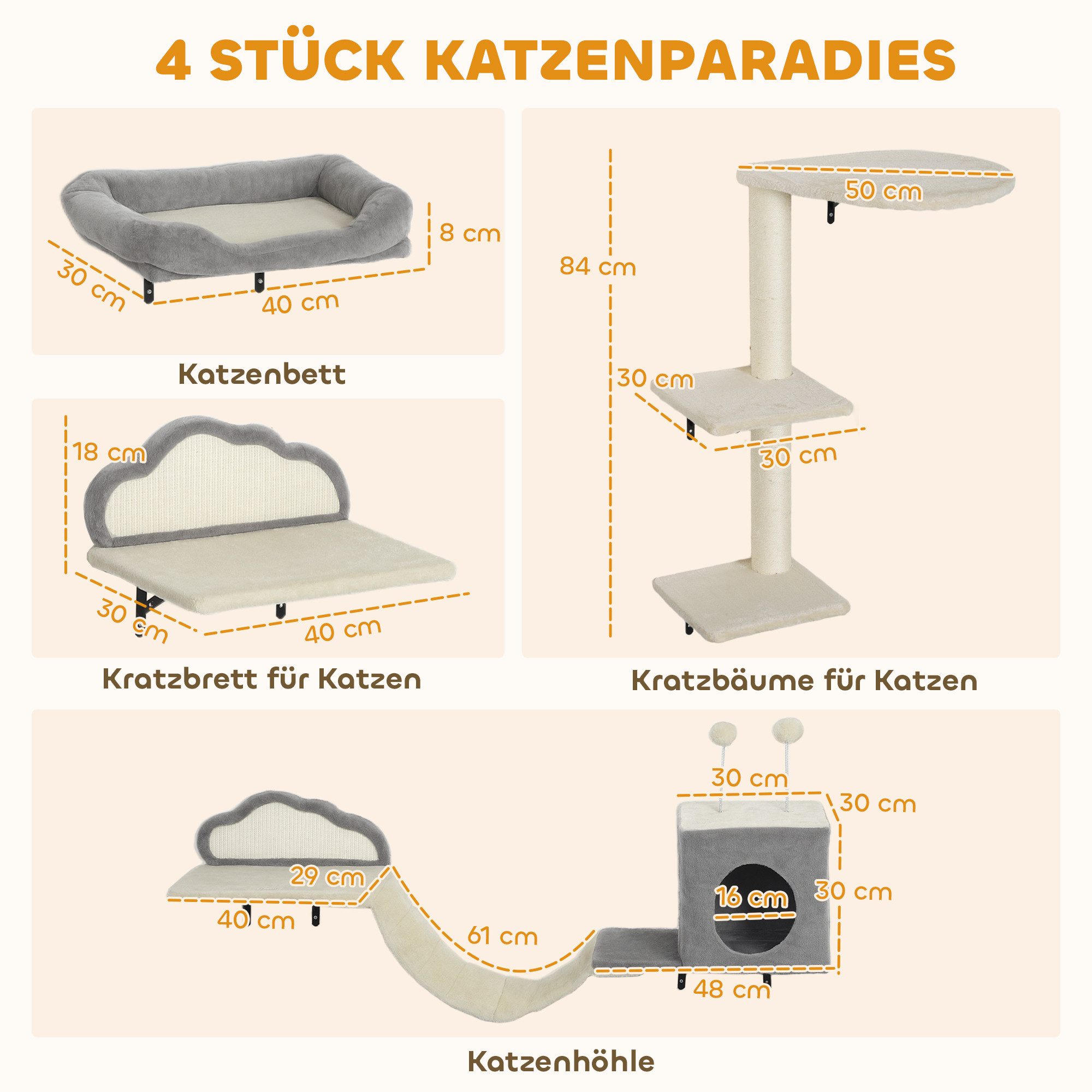 PawHut Katzen-Kletterwand Wandmontiertes Design, für 1-3 Katzen, Beige