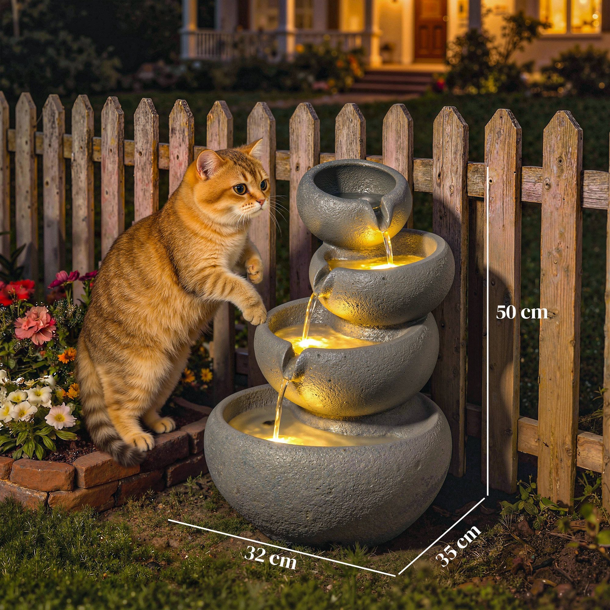 Outsunny Gartenbrunnen mit LED Beleuchtung, Pumpe, Steinoptik, 35 cm Breite, Wasserbecken BxT: 32x32 cm, (Springbrunnen, 1 tlg., Wasserspiel), für Garten Terrasse 35 x 32 x 50 cm