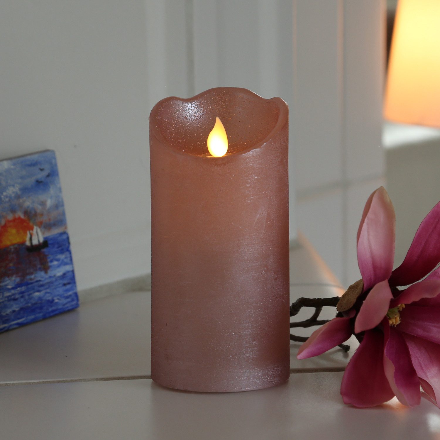 MARELIDA LED-Kerze mit beweglicher Flamme Echtwachs Rustik-Optik H: 15cm Timer rosa