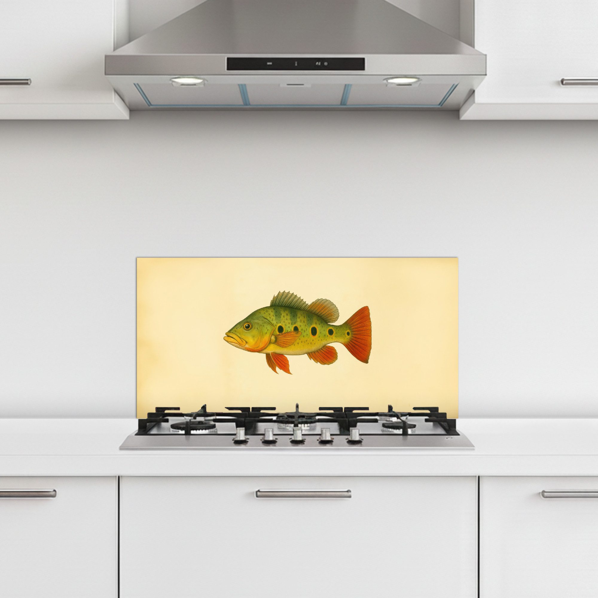 KitchenYeah selbstklebend (keine Folie) Schuppen - Fisch - Grün - Illustration, (1-tlg), Spritzschutz Herd Wand, Küchen Deko, 70x30 cm