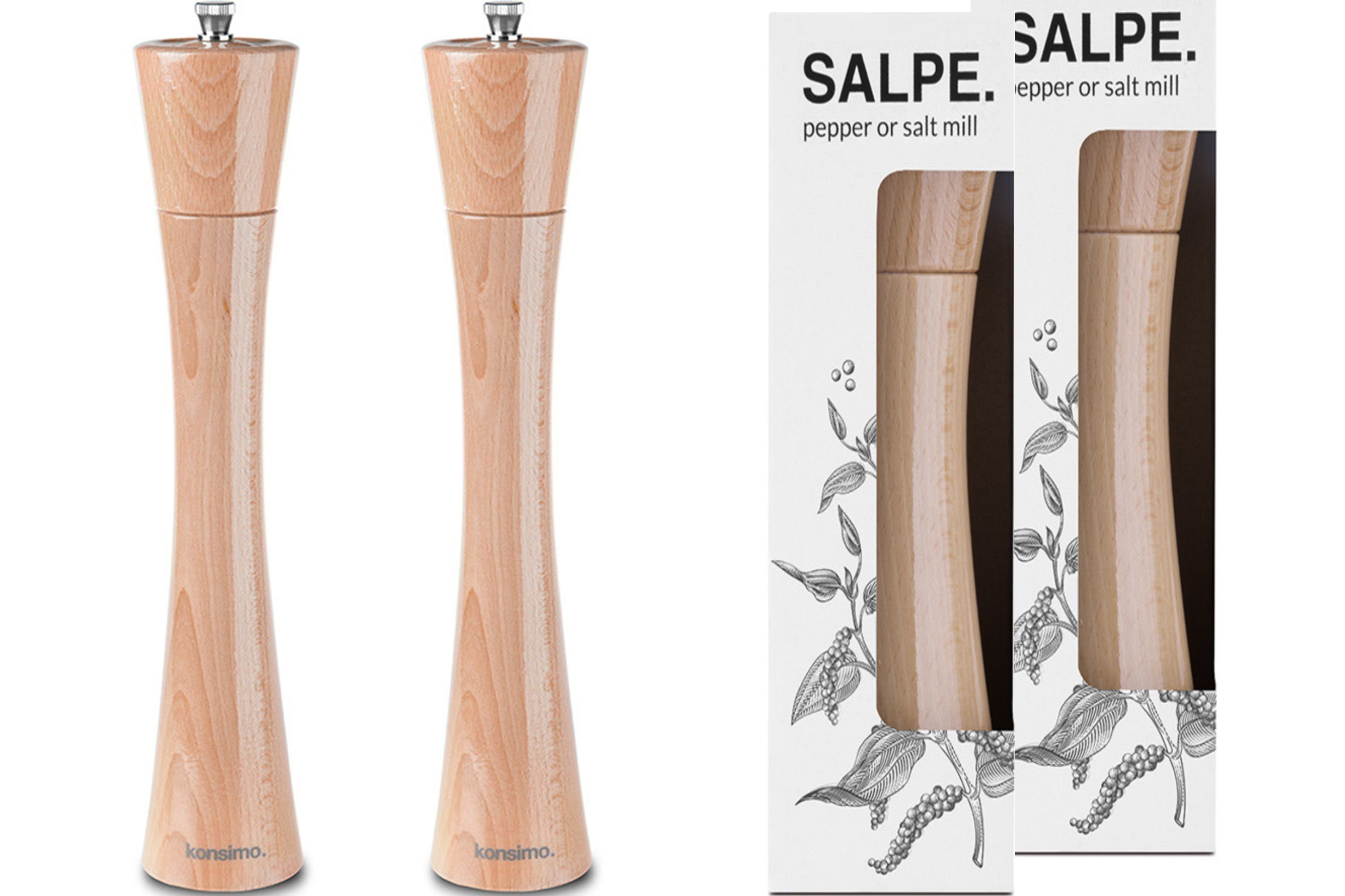 Konsimo Salz-/Pfeffermühle SALPE Gewürzmühlen Salzmühlen Pfeffermühlen 32 cm manuell, (2 Stück), Keramischer Mechanismus Buche