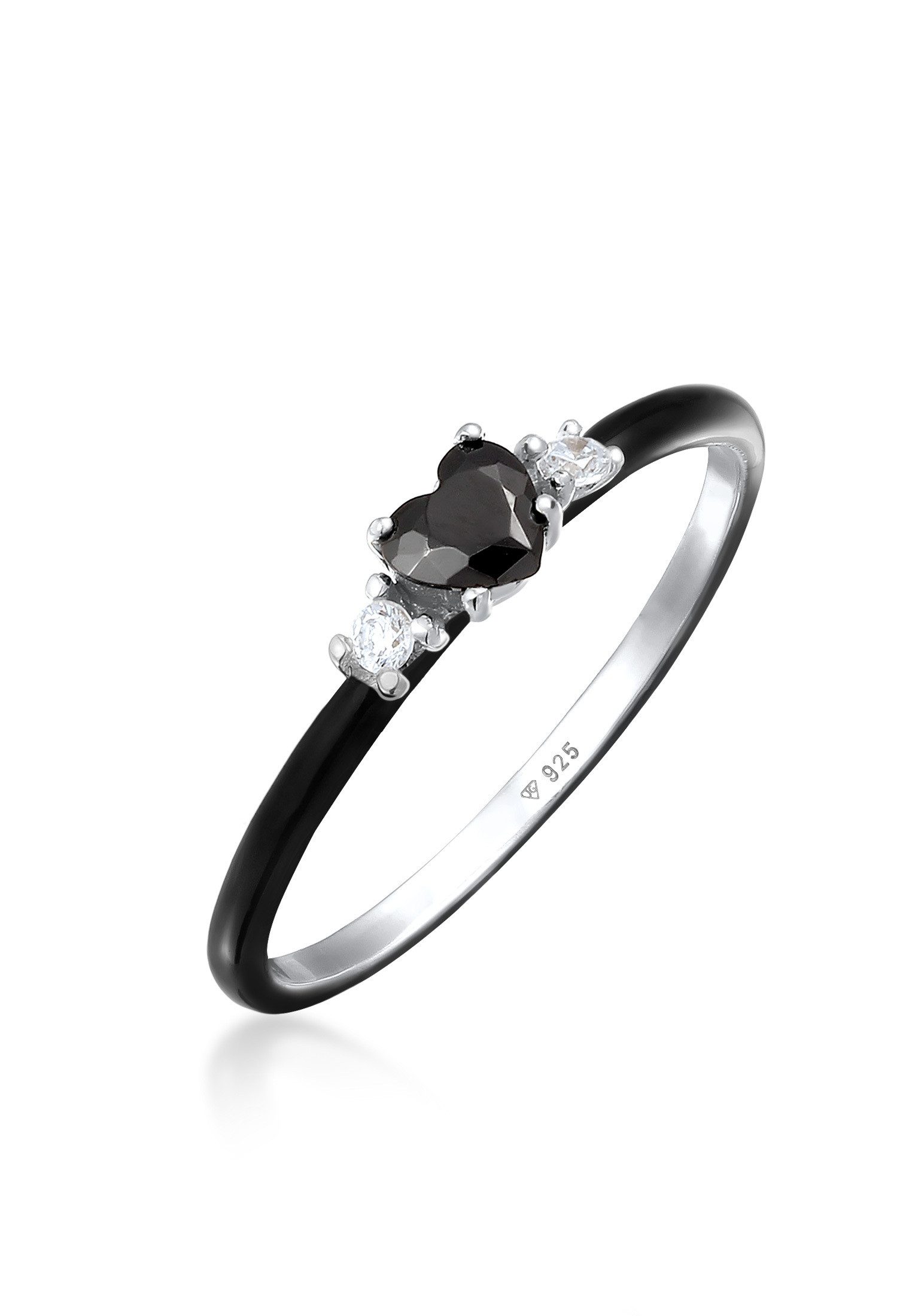 Elli Fingerring Herz Zirkonia Schwarz Emaille 925 Sterling Silber