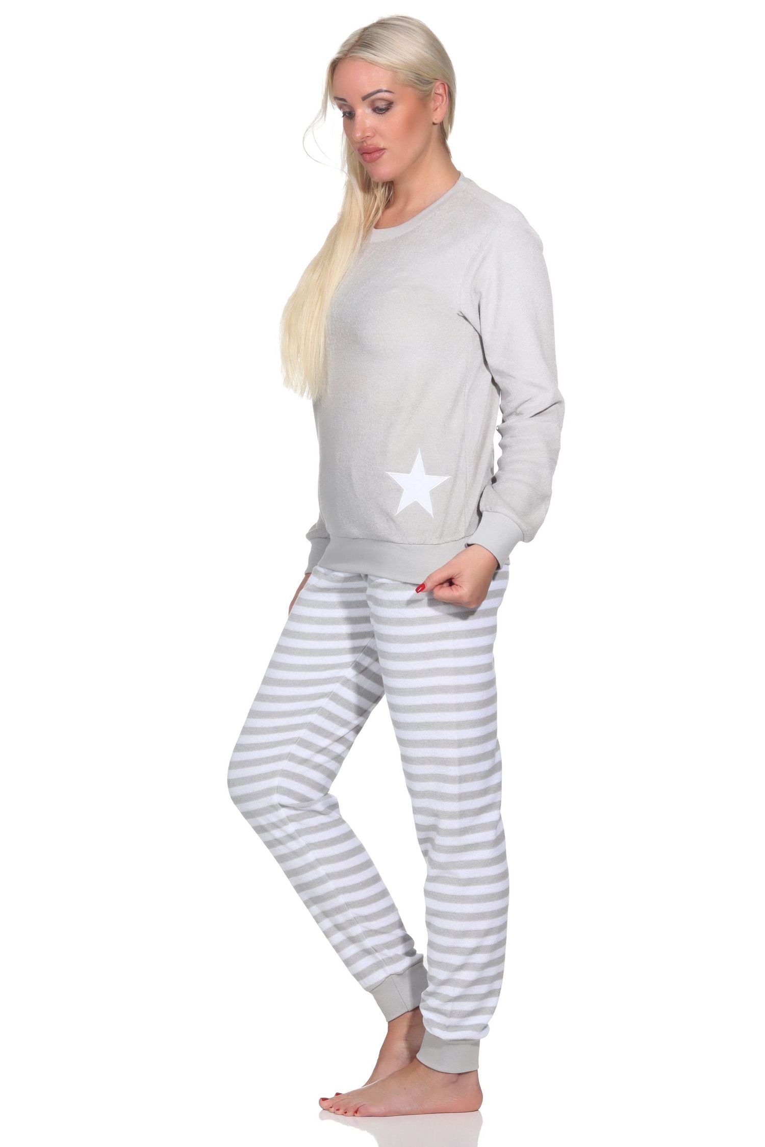 Schlafanzug in Bündchen Damen Pyjama Normann Sterne mit Frottee Optik Normann lang grau