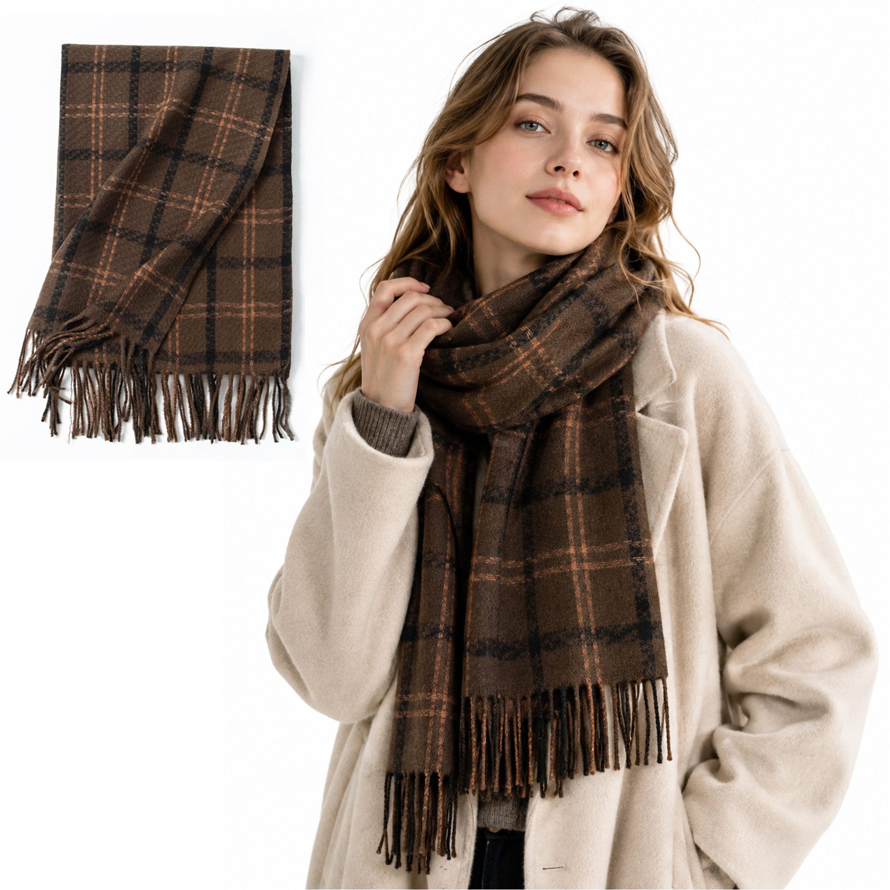 Mutig Wollschal Wollschal Damen Kariert Oversized Kaschmir 200*70cm, (Schal Lange Winterschal Weich Wraps Groß Karo Fransen Schals Warm, Damen Großer Winter-Halstuch, warmes Feinstrick-Winterschal), für Herbst Winter Herren und Damen