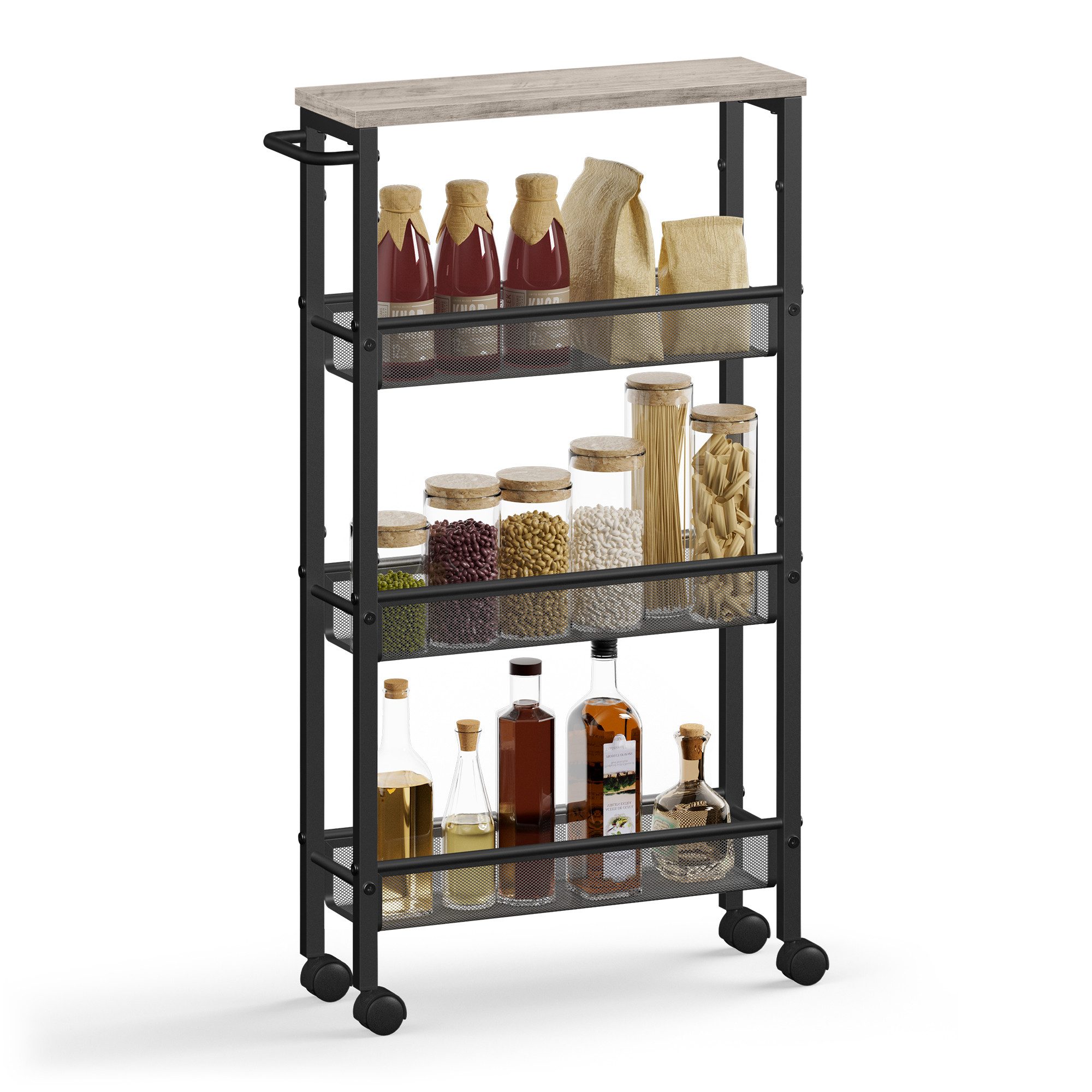 VASAGLE Beistellwagen Küchenwagen schmal, für kleine Räume, Küche, Wohnzimmer, Arbeitszimmer, 4 Ebenen, Nischenregal auf Rollen, Stahl, Griff, 13 x
