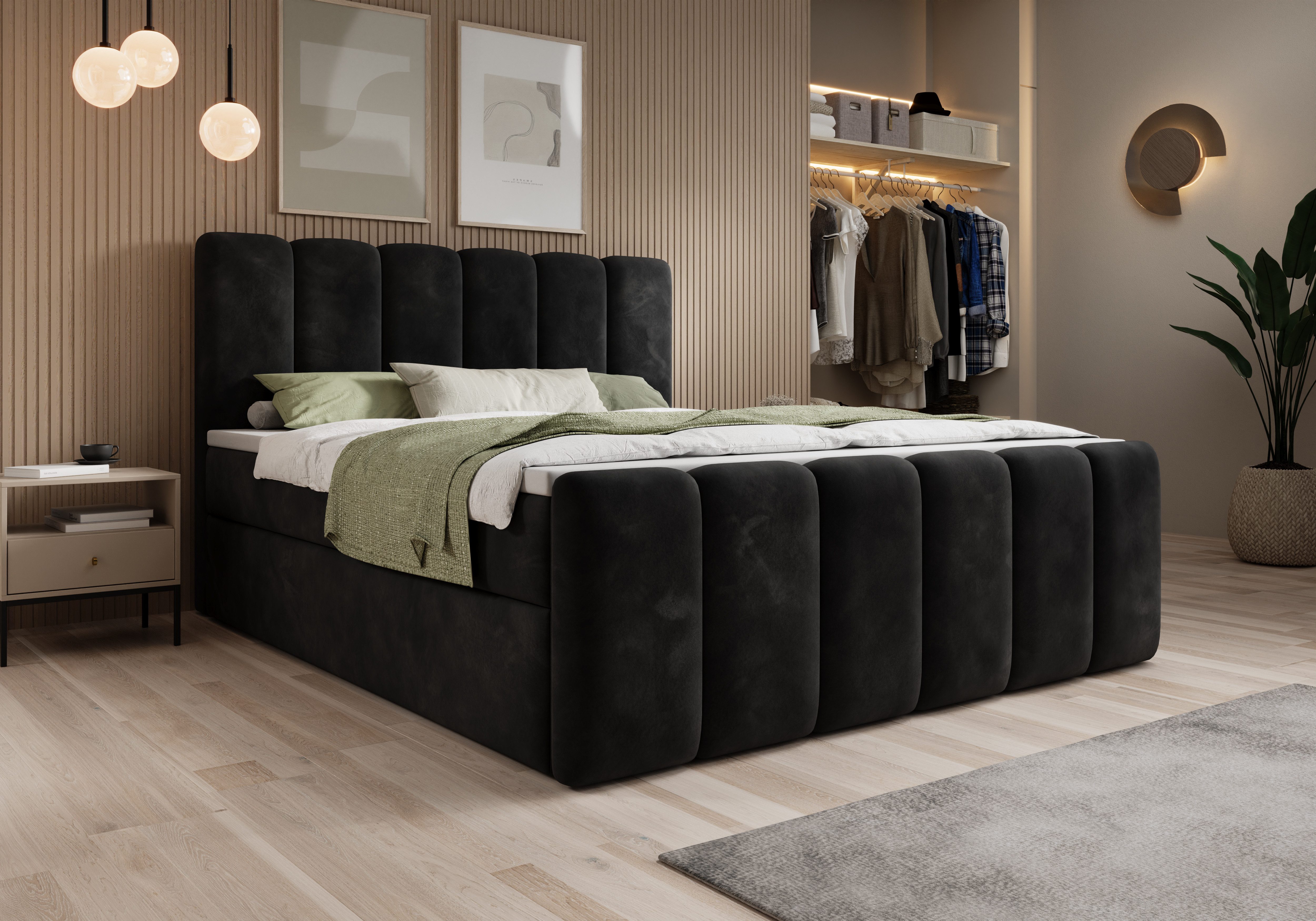 thematys Boxbett mit Bettkasten 140x200–200x200 cm – Velours oder Bouclé Bezug – (Polsterbett Bonnellfederkern Matratze H3 + Gratis 3cm Topper, Boxbett - Luxus Doppelbett mit Stauraum)