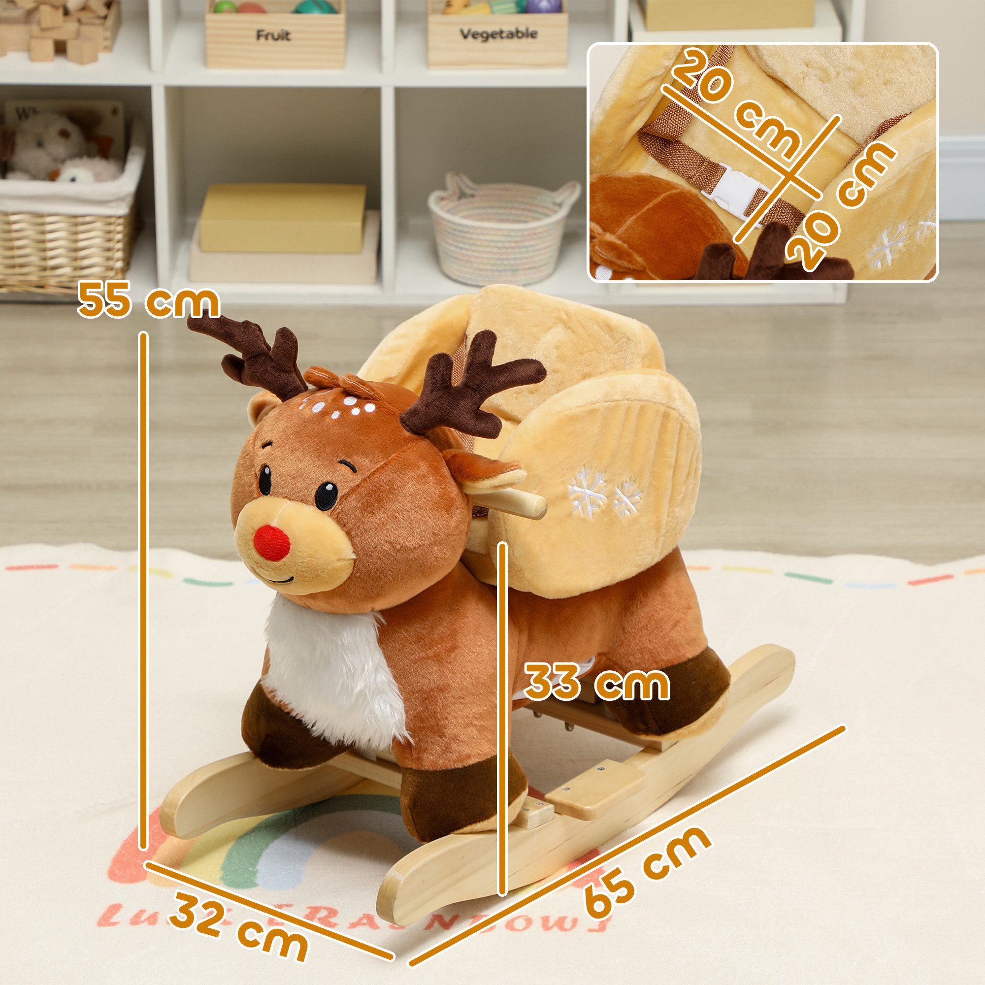 AIYAPLAY Schaukeltier Kinder Schaukelpferd Rentier mit Schlafliedern, Sicherheitsgurt, (1 tlg), für 18-36 Monate, Plüsch, Braun, 65 x 32 x 55 cm