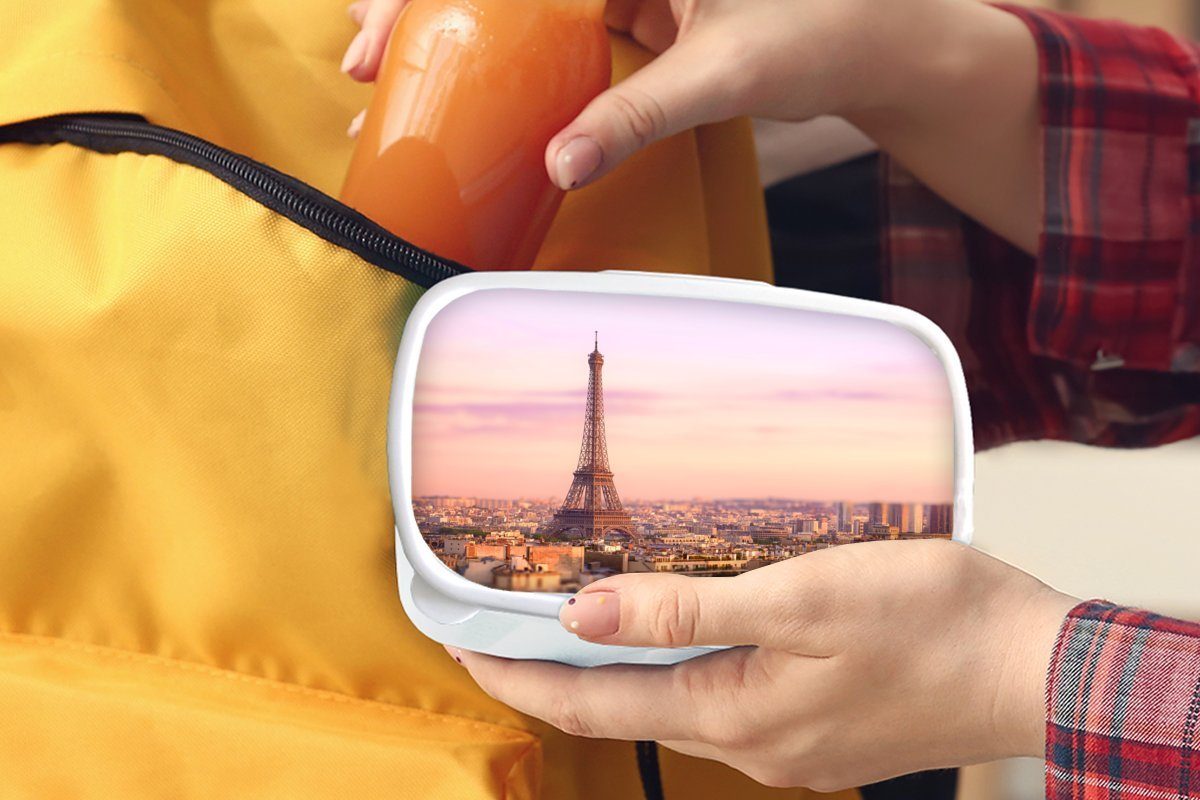 MuchoWow Lunchbox Blick über Paris (2-tlg), für darüber Kinder Mädchen Eiffelturm, Erwachsene, Brotdose, aufragenden und dem Brotbox mit und weiß Kunststoff, für Jungs