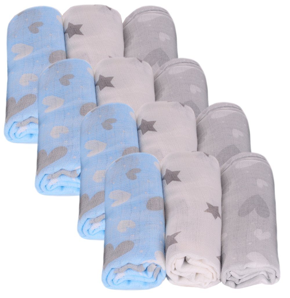 La Bortini Stoffwindeln Spucktücher Baby Mullwindeln 12er Pack Babytücher mit Sternen Muster, aus reiner Baumwolle, große Packung