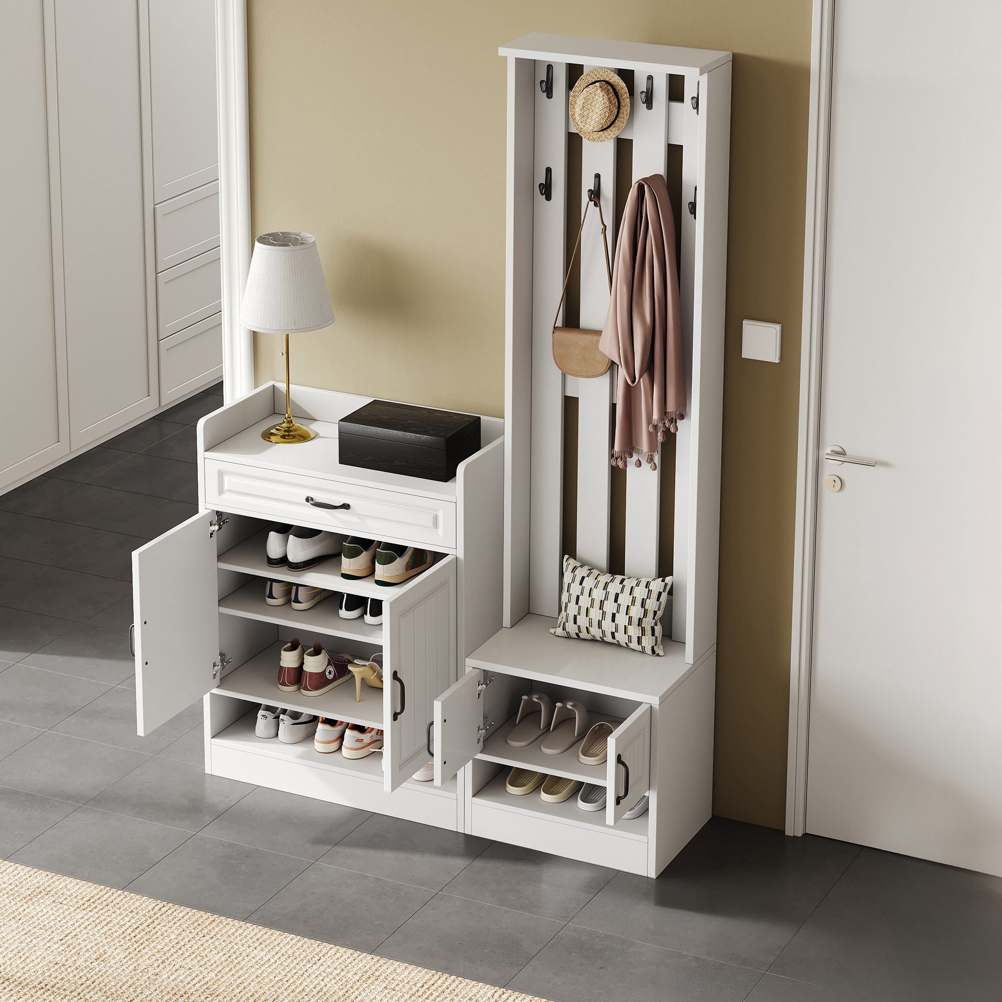 i@home Garderobenständer Garderobenset, Wandgarderobe, Garderoben Set mit Schuhbank und schuhrank, Weiß,125*36*190cm