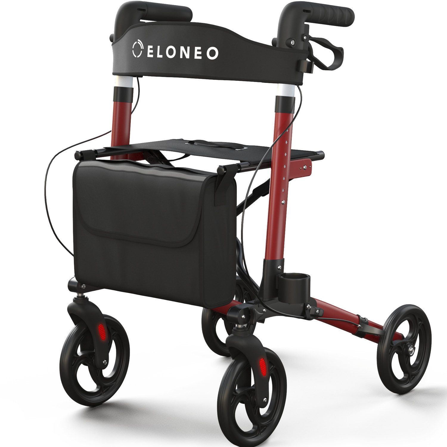 ELONEO Rollator leicht und faltbar mit Sitz, Gehhilfe 8-fach höhenverstellbar, Komfort-Sitz mit Stockhalter, Einkaufstasche & Rückengurt
