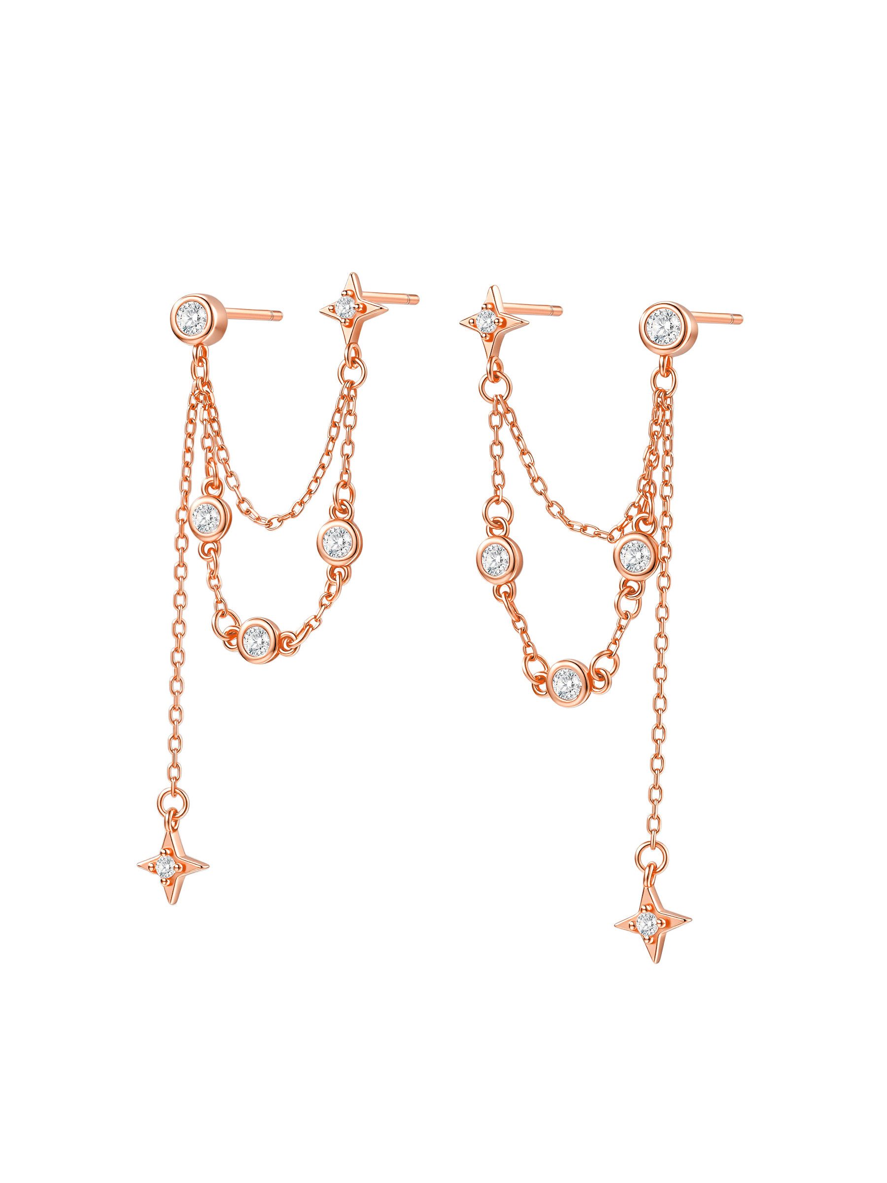 Hey Happiness Paar Ohrhänger 925 Silber – Doppel Ketten Ohrstecker für 2 Ohrlöcher, filigrane Sternen-Ohrringe mit Zirkonia in Gold, Rosegold & Silber