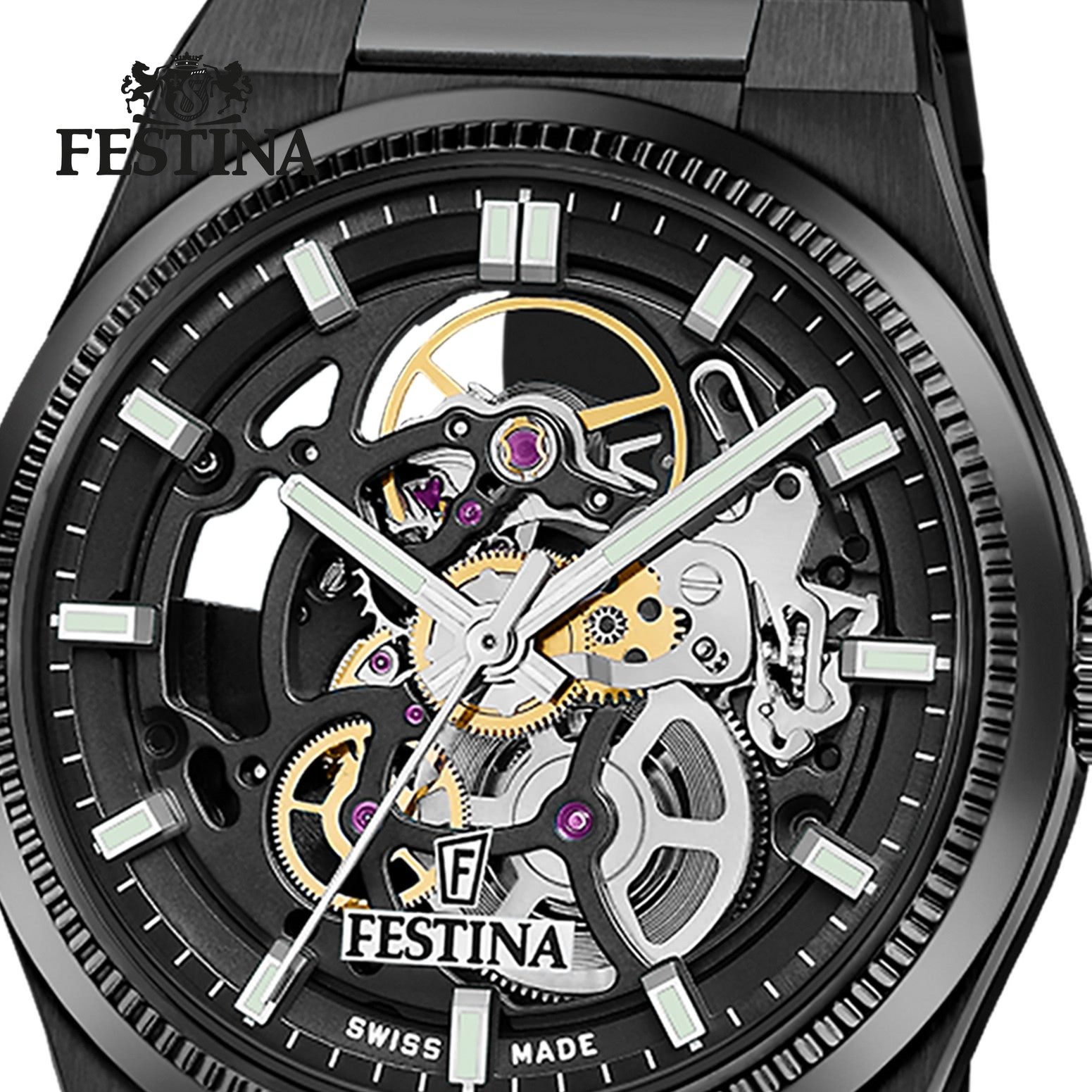 Festina Automatikuhr Festina Herrenuhr Swiss Made Armbanduhr, (Analoguhr), Herren Armbanduhr rund, Edelstahlarmband schwarz, Elegant