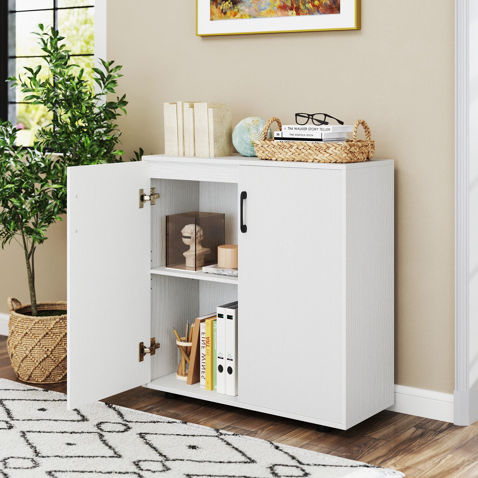 COSTWAY Kommode, Beistellschrank mit Türen & verstellbarem Regal Weiß