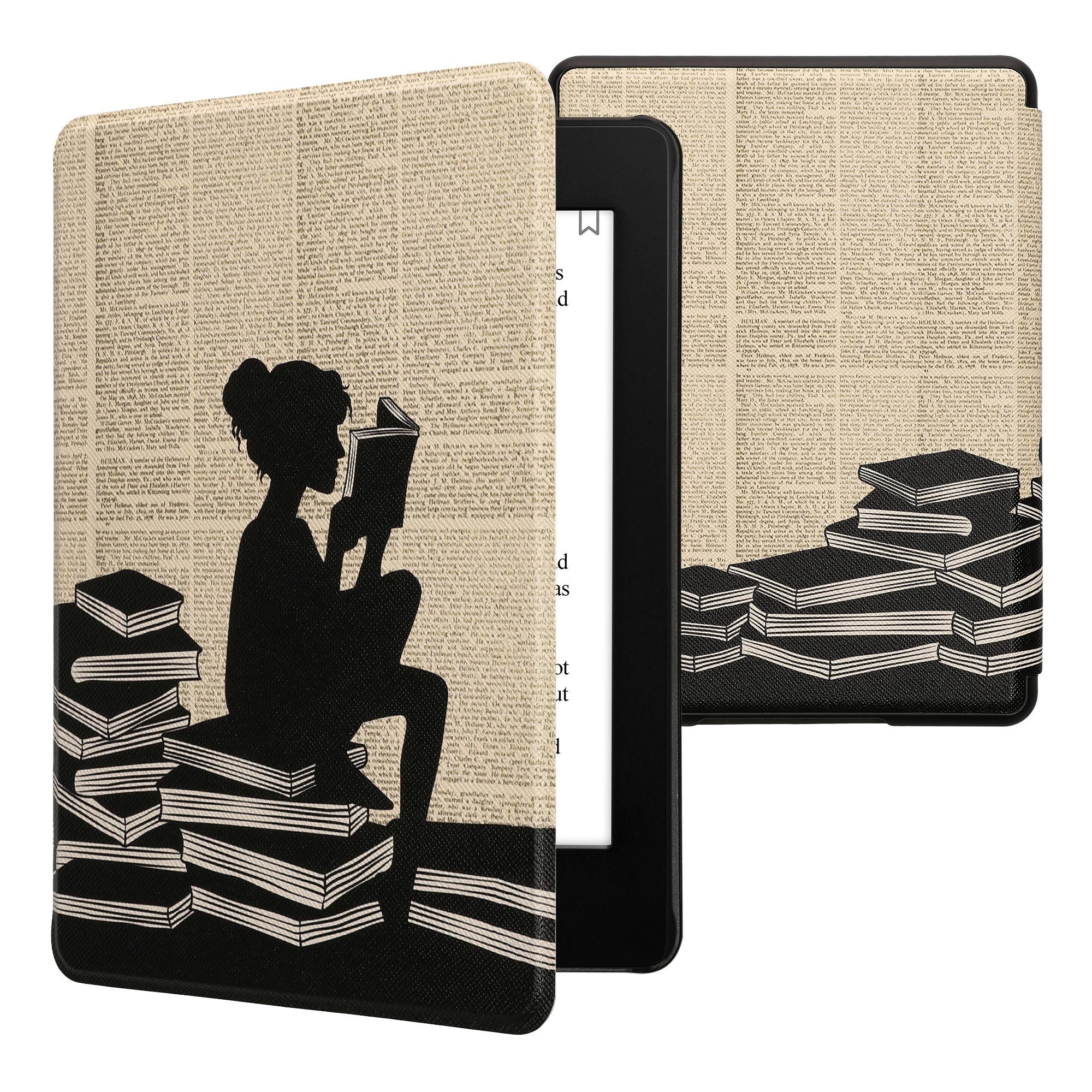 kwmobile E-Reader-Hülle Klapphülle für Amazon Kindle Paperwhite 11. Generation Hülle, eReader Case Lesende Frau Design Schwarz Beige