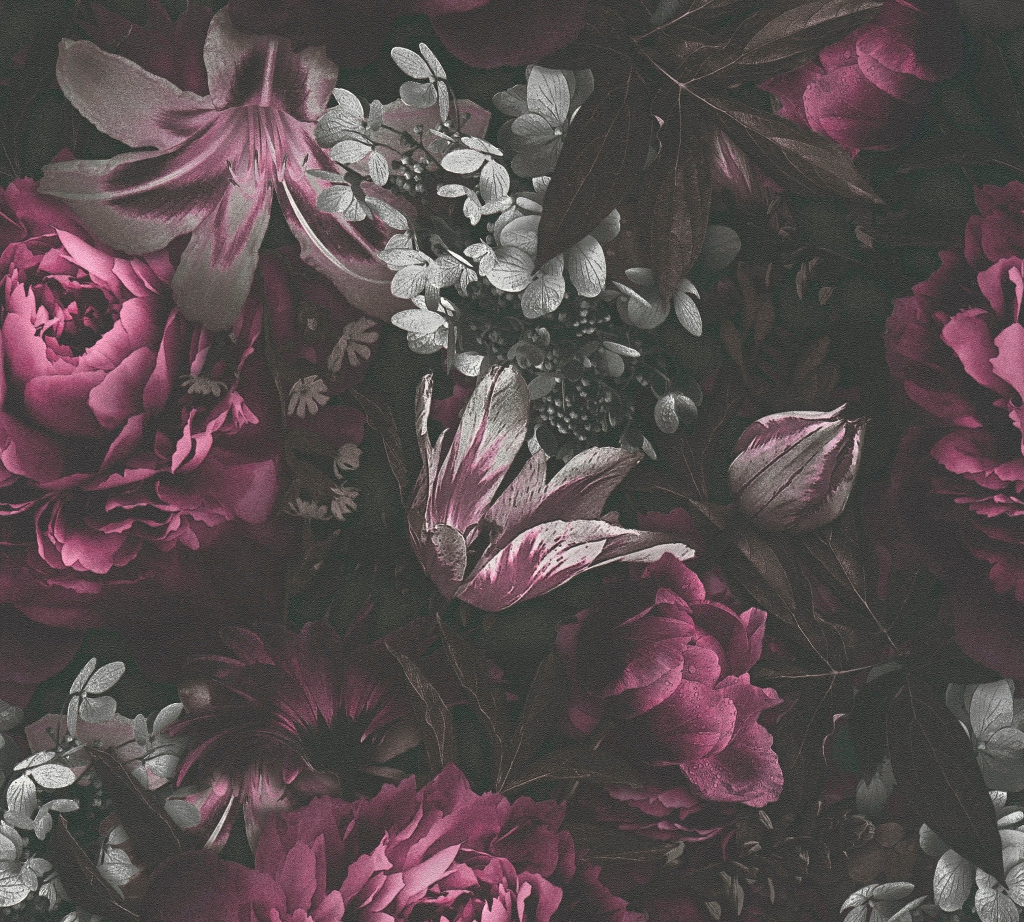 (1 Création Rosen matt, A.S. Floral, St), glatt, PintWalls Blumentapete Vliestapete lila/schwarz/grau