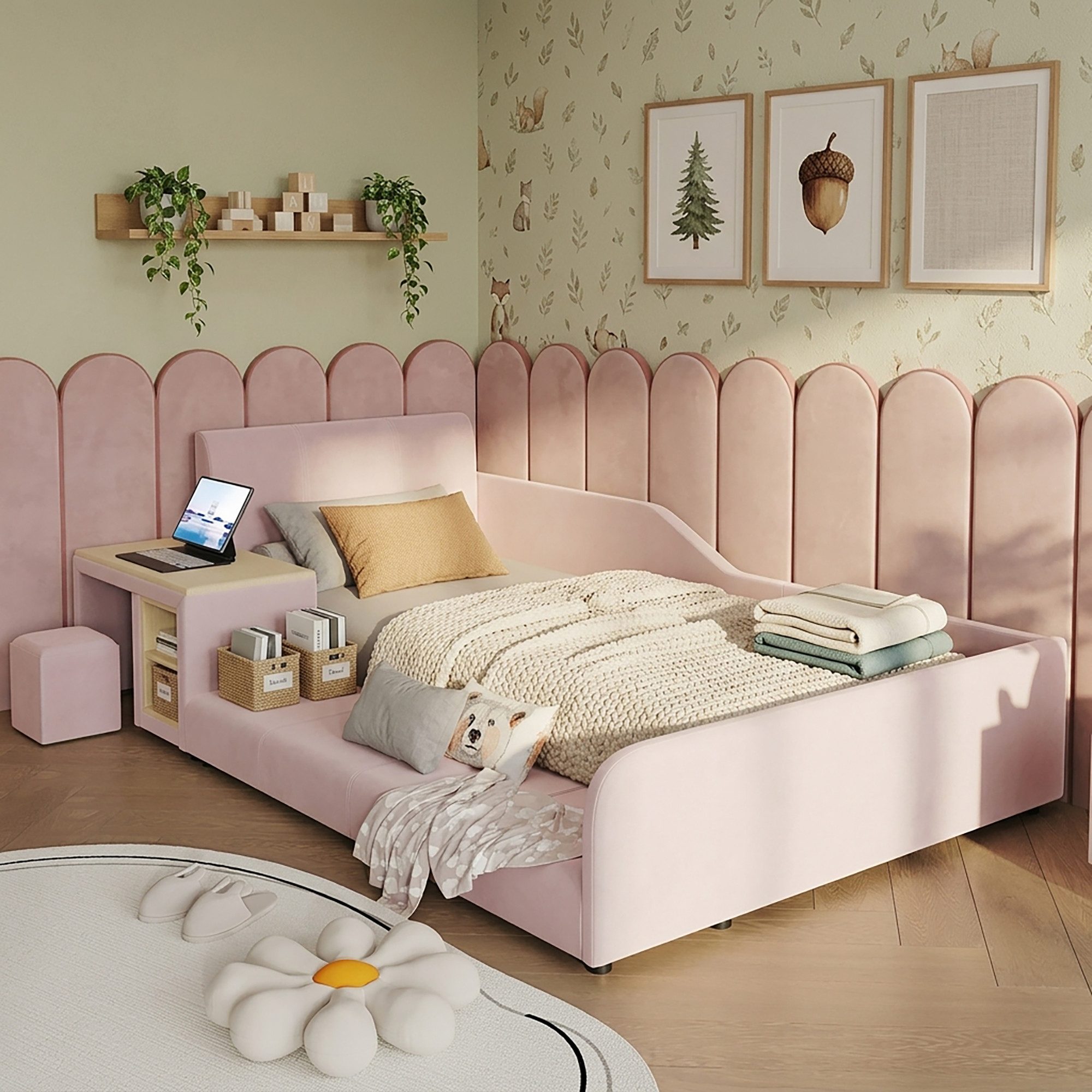STILVORA Polsterbett 90×200 mit Matratze und Stauraum Einzelbett Kinderbett mit Tisch (Jugendbett, Schreibtisch, Hocker, Ablageboden, Samtkopfteil, Komfortpolster, hohe Stabilität, Lernbereich), für Kinderzimmer, Jugendzimmer, Lernzimmer