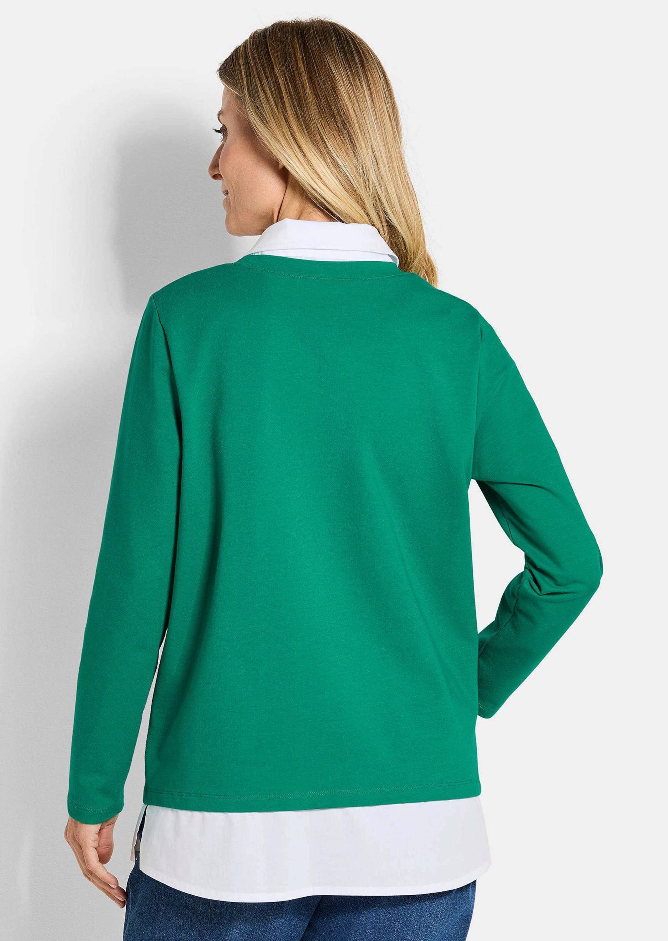 GOLDNER Longshirt Elegantes 2-in-1 Business-Oberteil Langarm-Shirt mit Hemdkragen und Hemdsaum, hüftumspielend, Baumwolle