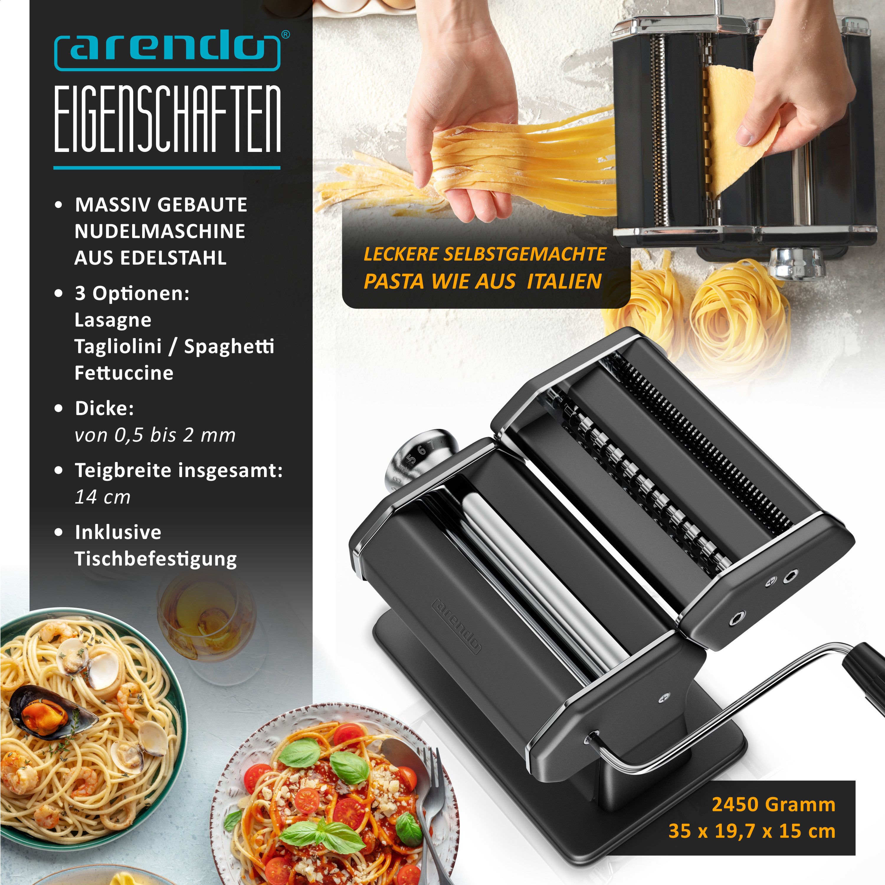 Arendo Nudelmaschine Manueller Pasta Maker, Nudelpresse, Edelstahl, 7 einstellbare Stärken, Duplexvorsatz für Spaghetti, Tagliatelle, Lasagne - 2mm & 6mm