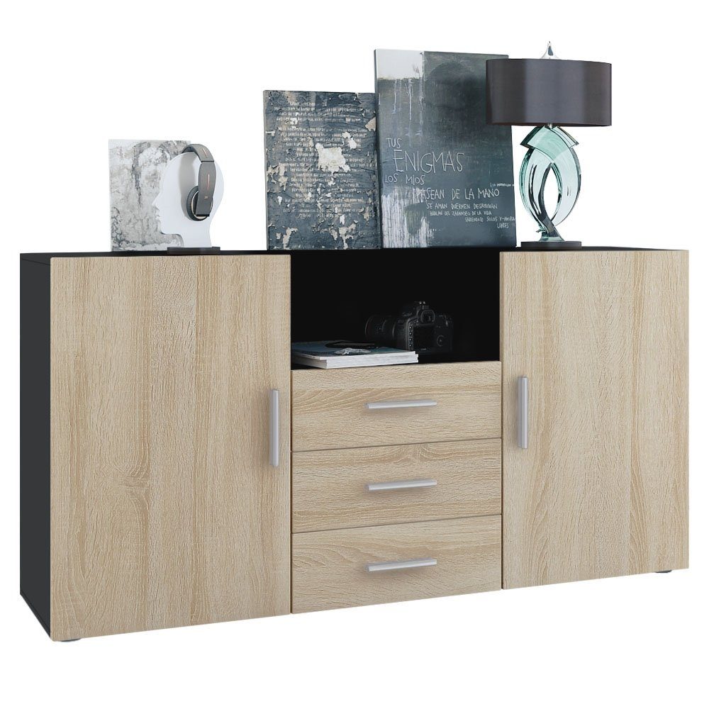 Vladon Sideboard Skadu (Kommode, mit 2 Türen, 3 Schubladen und 1 offenem Fach), Schwarz matt/Eiche sägerau (138,5 x 71,5 x 35 cm)