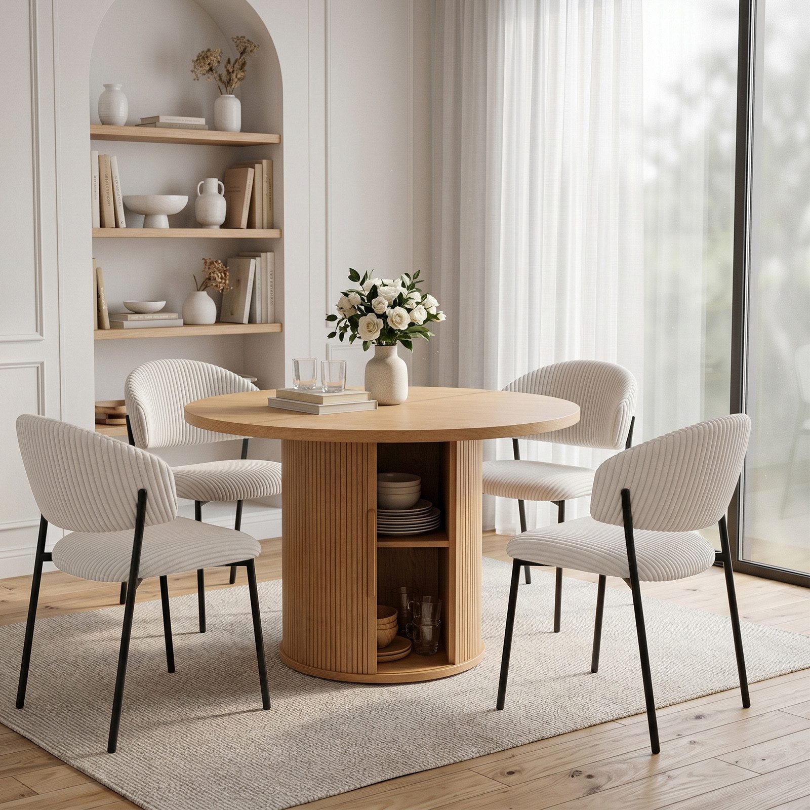 Jiexi Essgruppe Essgruppe rund Ø110cm MDF Eiche mit Stauraum & Cord-Stühlen