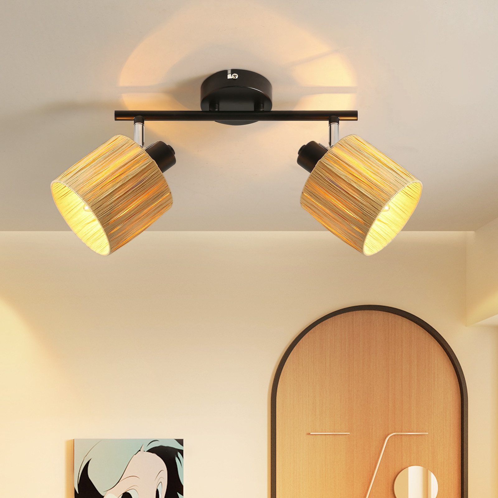 ZMH Deckenstrahler 2/3/4/5 Flammig E14 Schwarz Natürlich Deckenlampe Papier Wohnzimmer, Einfache Installation, ohne Leuchtmittel, 350°Schwenkbar Deckenspots für Schlafzimmer Flur