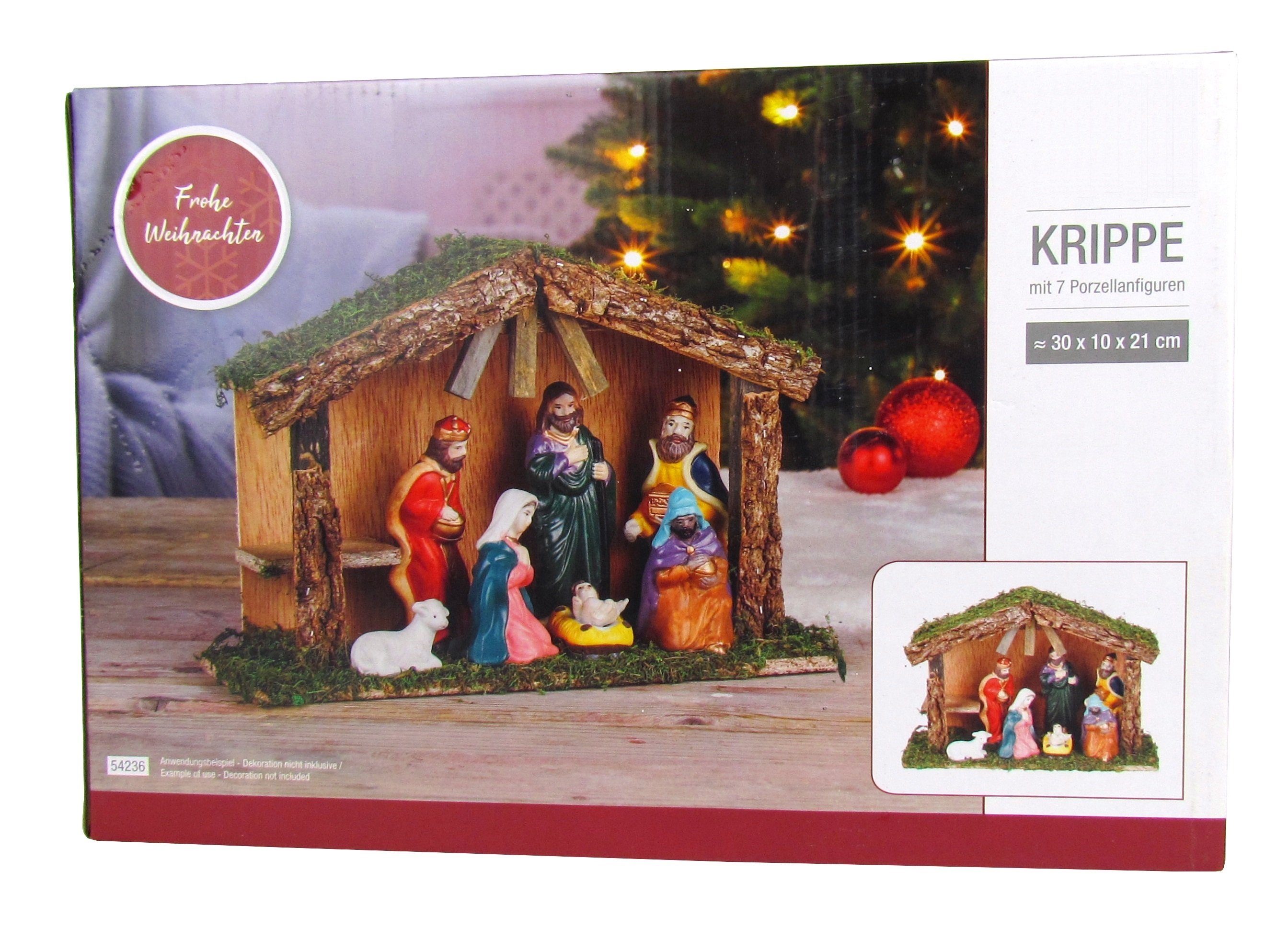 Haushalt International Krippe XL Weihnachtskrippe aus Holz mit 7 Figuren aus Porzellan - 30x10x21cm