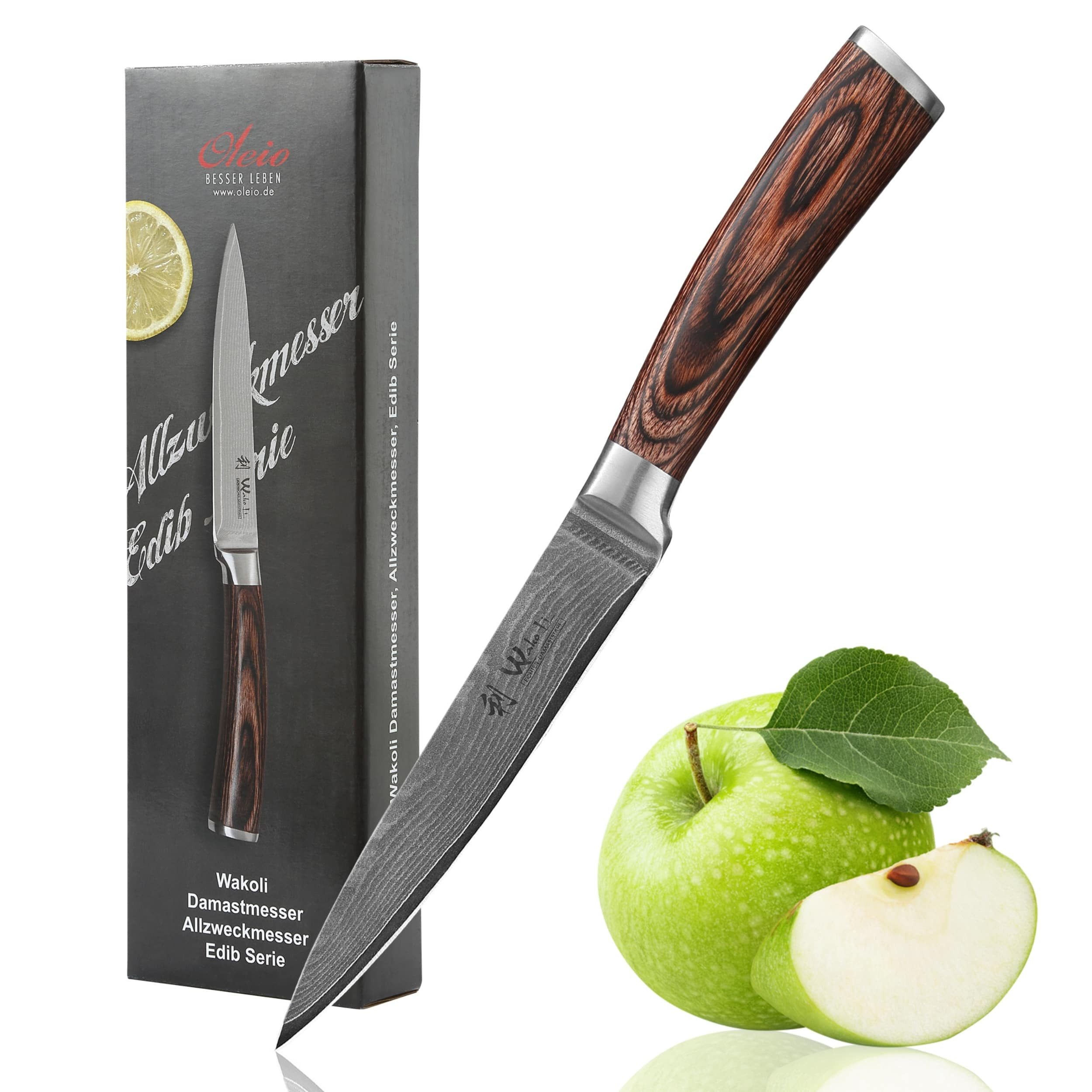 Wakoli Damastmesser EDIB Allzweckmesser Kochmesser 12,5 cm Klinge Pakkaholzgriff, Küchenmesser aus 67 Lagen Damaststahl mit VG10 Kern inkl. Geschenkbox